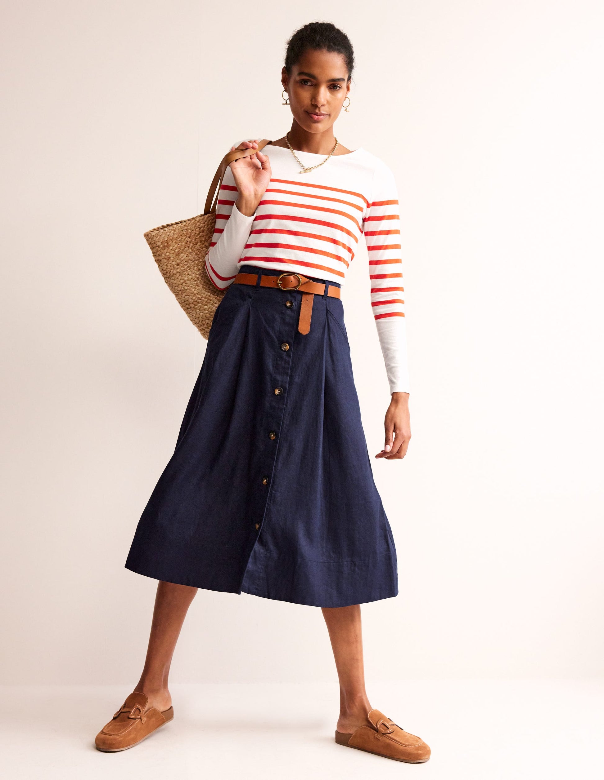 Petra Linen Midi Skirt-Navy-1