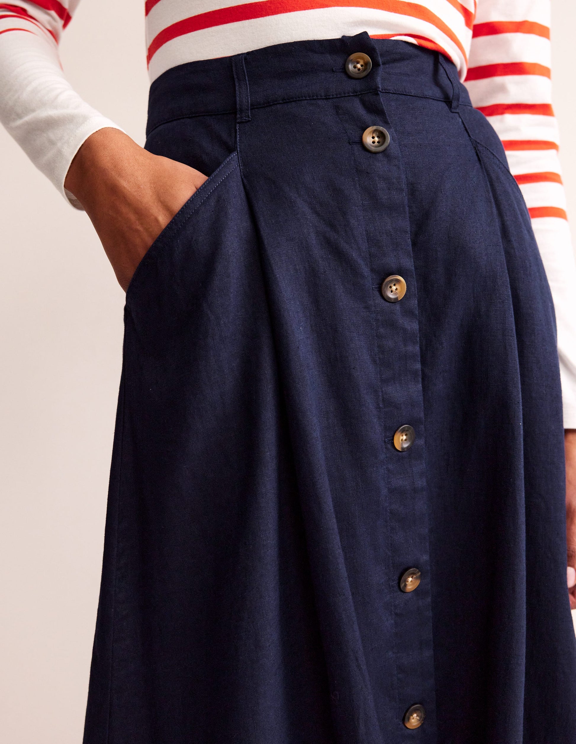 Petra Linen Midi Skirt-Navy-2