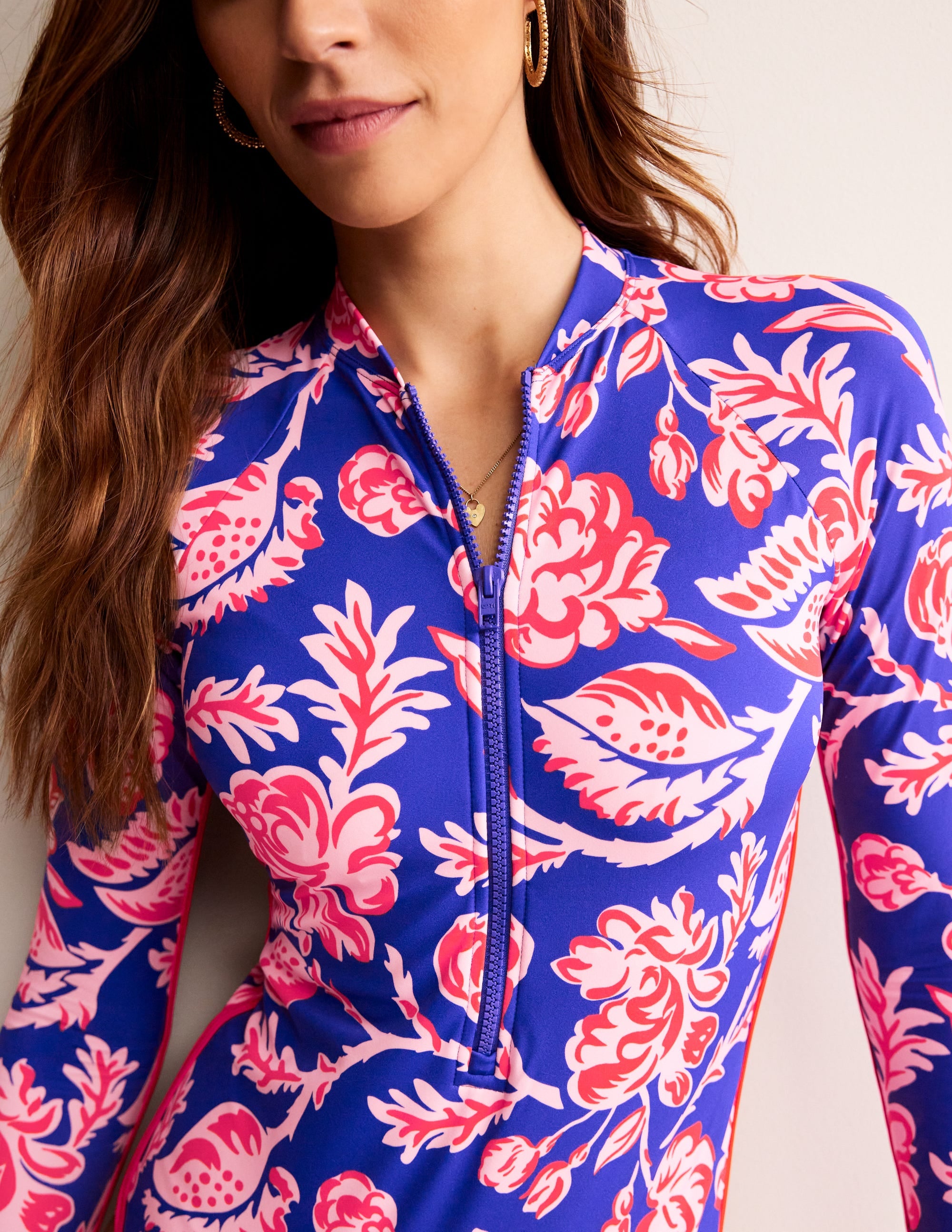 Piped Raglan Sleeve Swimsuit-Surf The Web Blue, Rose Blush - Image 2