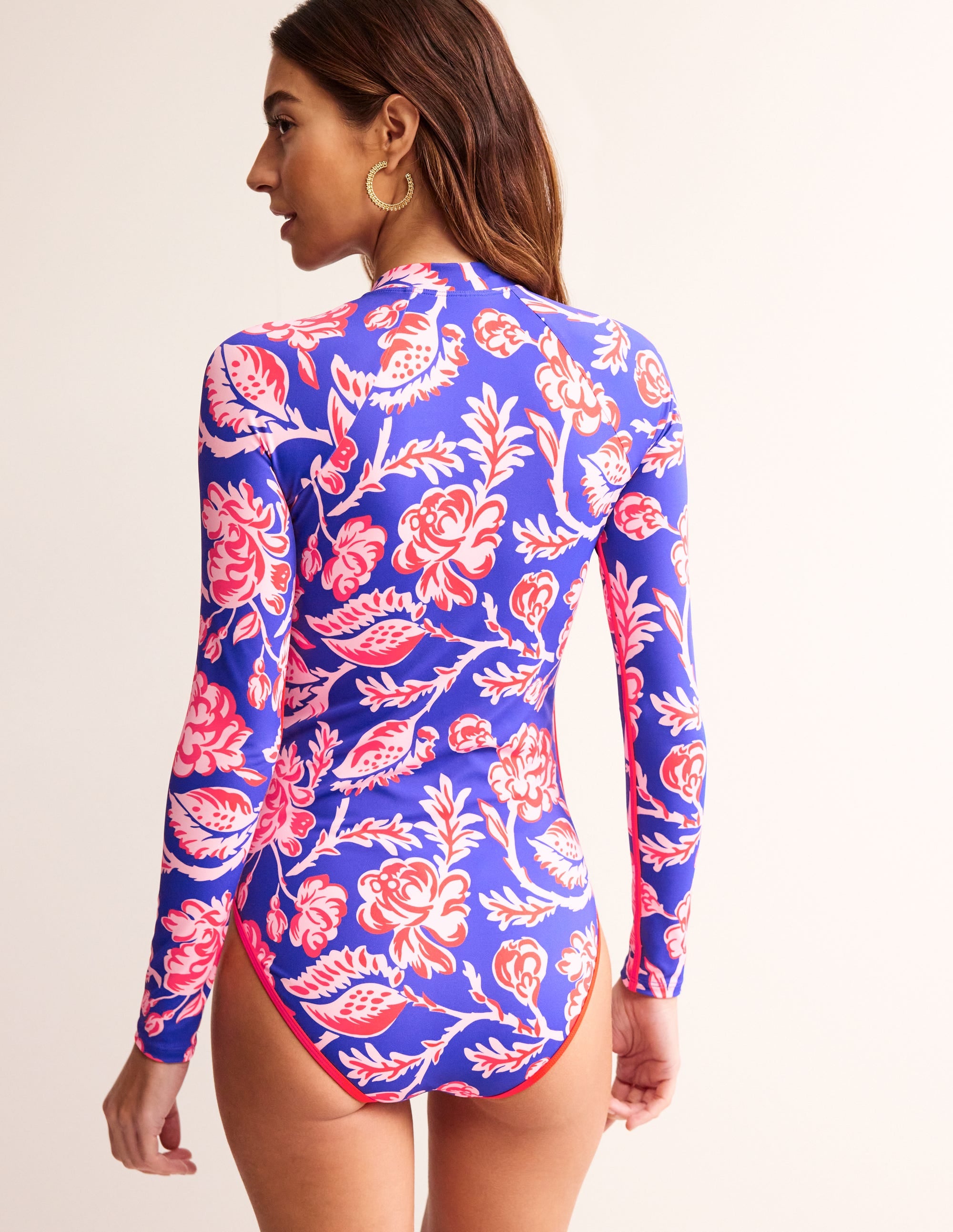 Piped Raglan Sleeve Swimsuit-Surf The Web Blue, Rose Blush - Image 3