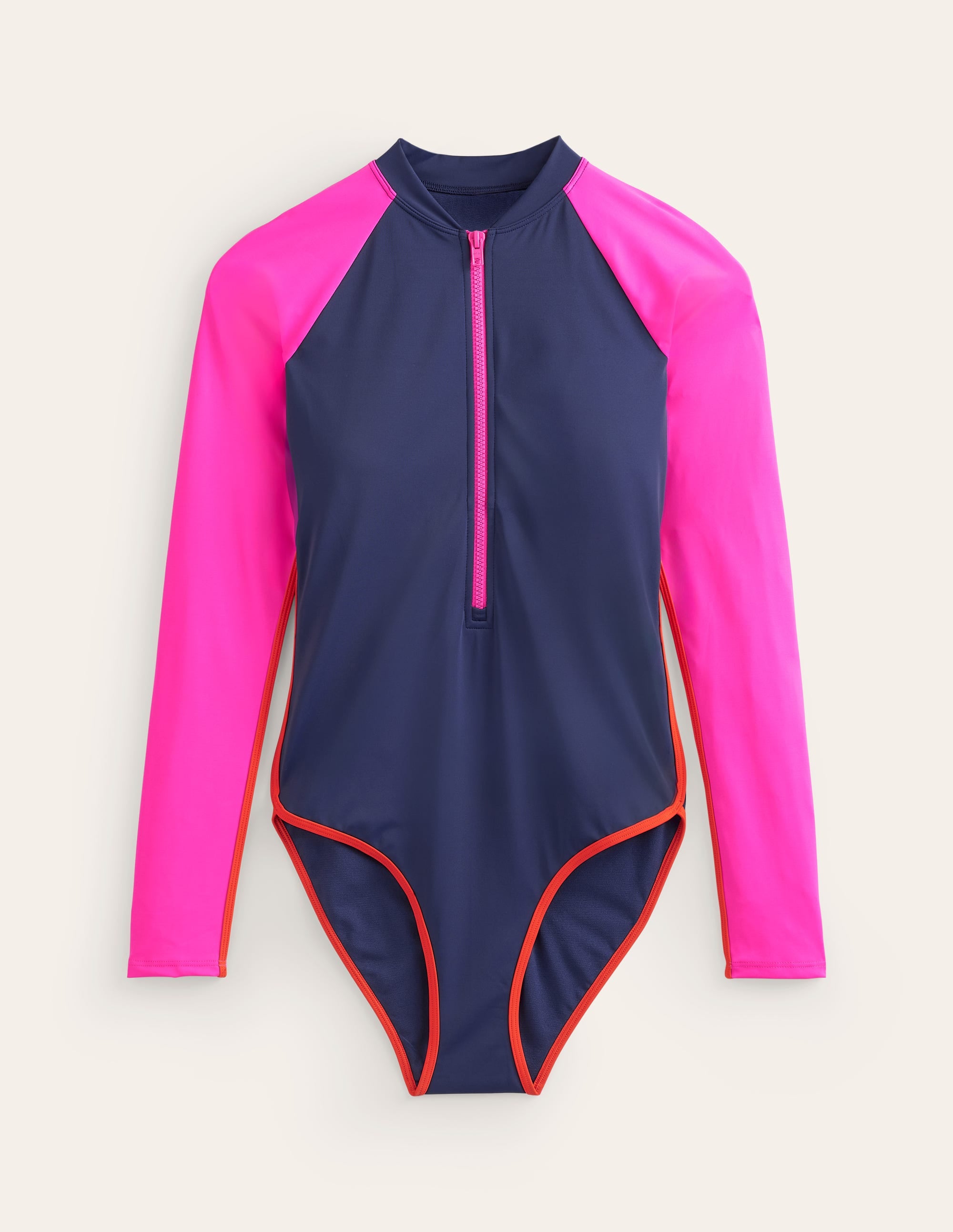 Piped Raglan Sleeve Swimsuit-Navy/ Super Pink Colourblock - Image 5
