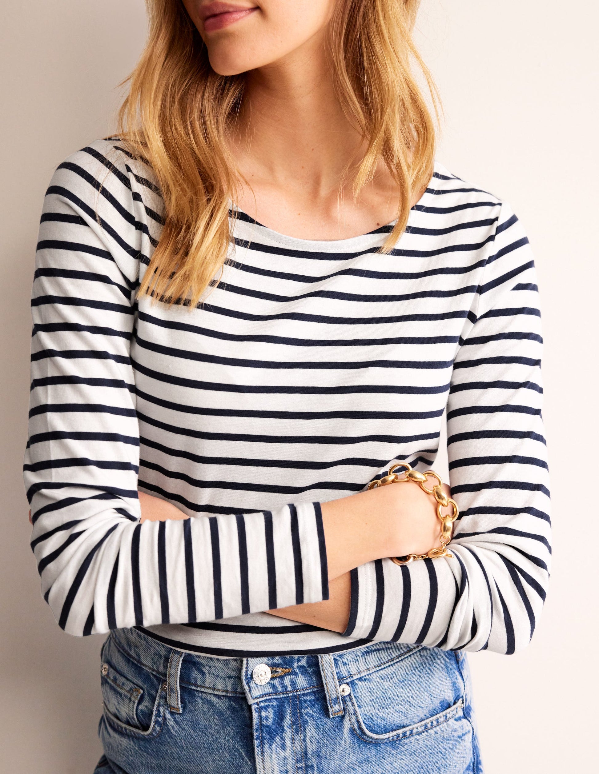 Ella Long Sleeve Breton-Ivory, Navy-2