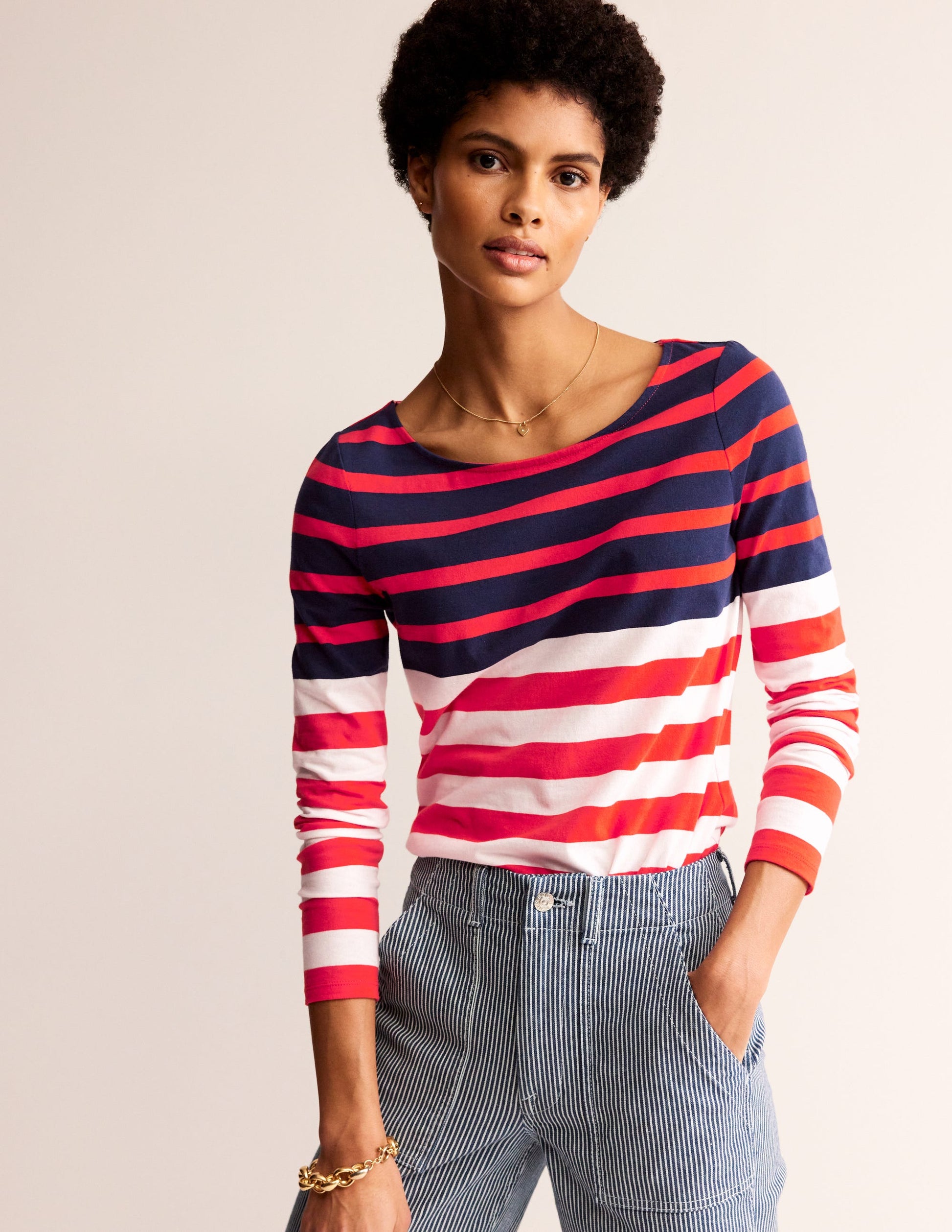 Ella Long Sleeve Breton-Ivory, Navy Red-2