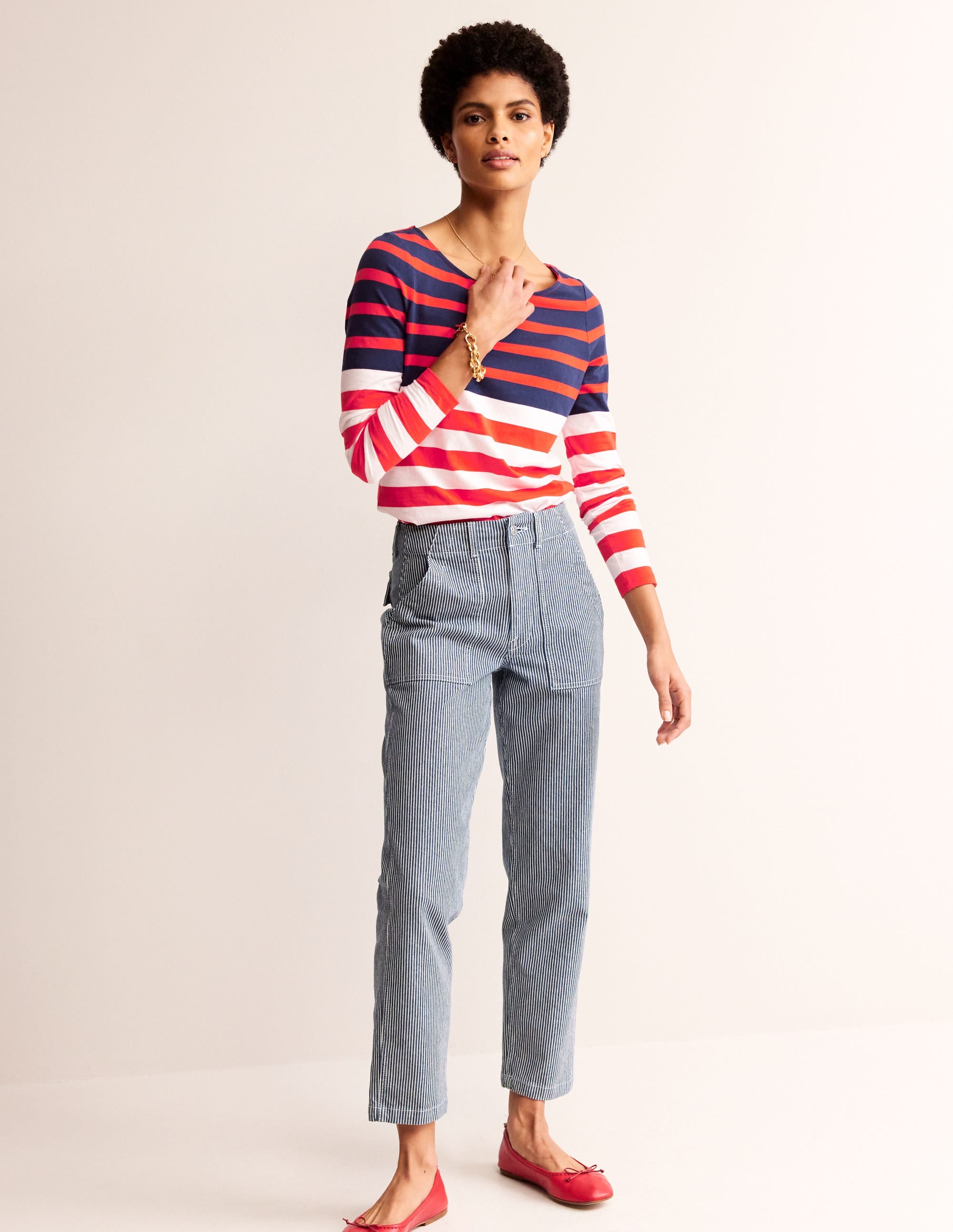Ella Long Sleeve Breton-Ivory, Navy Red - Image 4