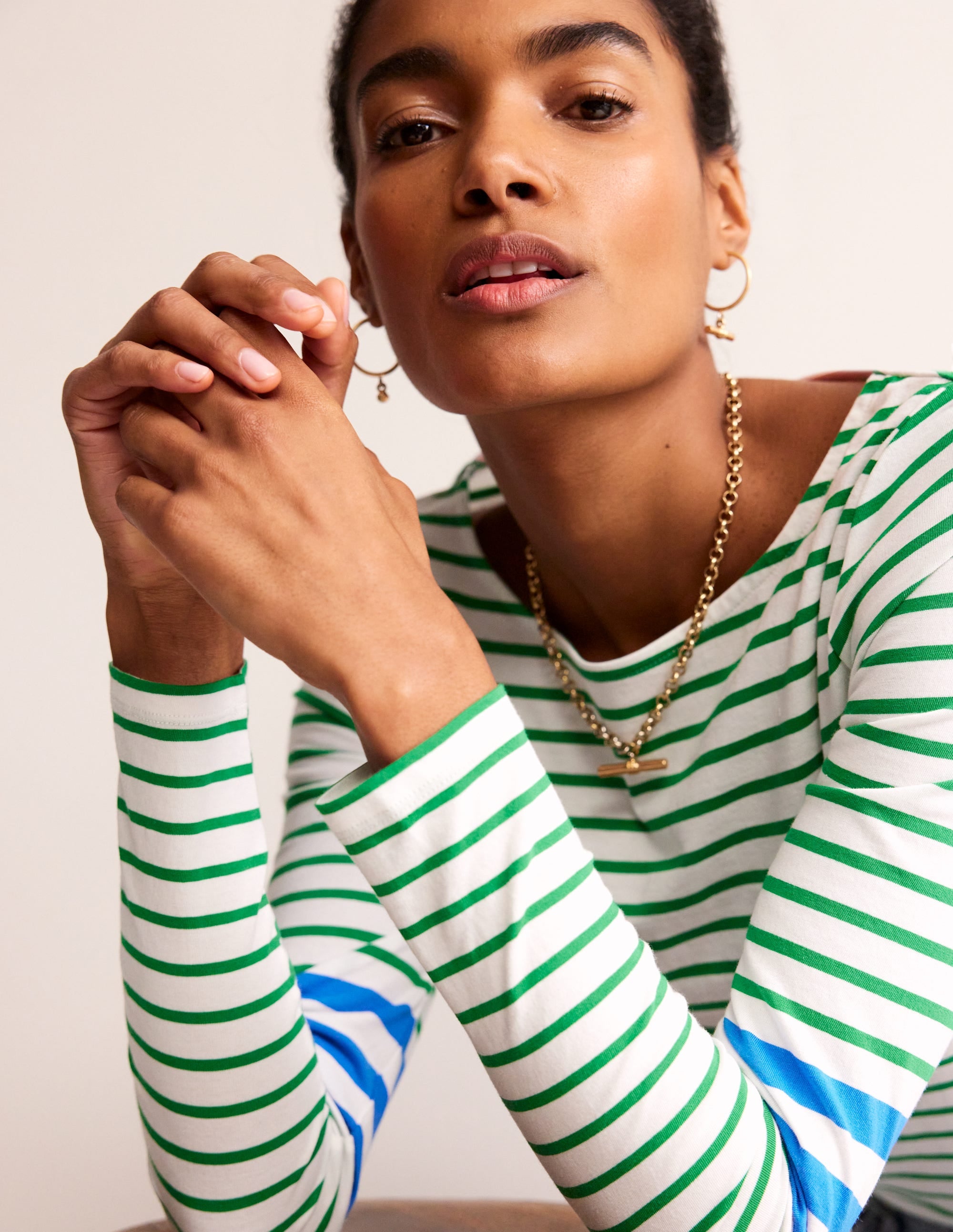 Ella Long Sleeve Breton-Green, Blue Stripe - Image 1