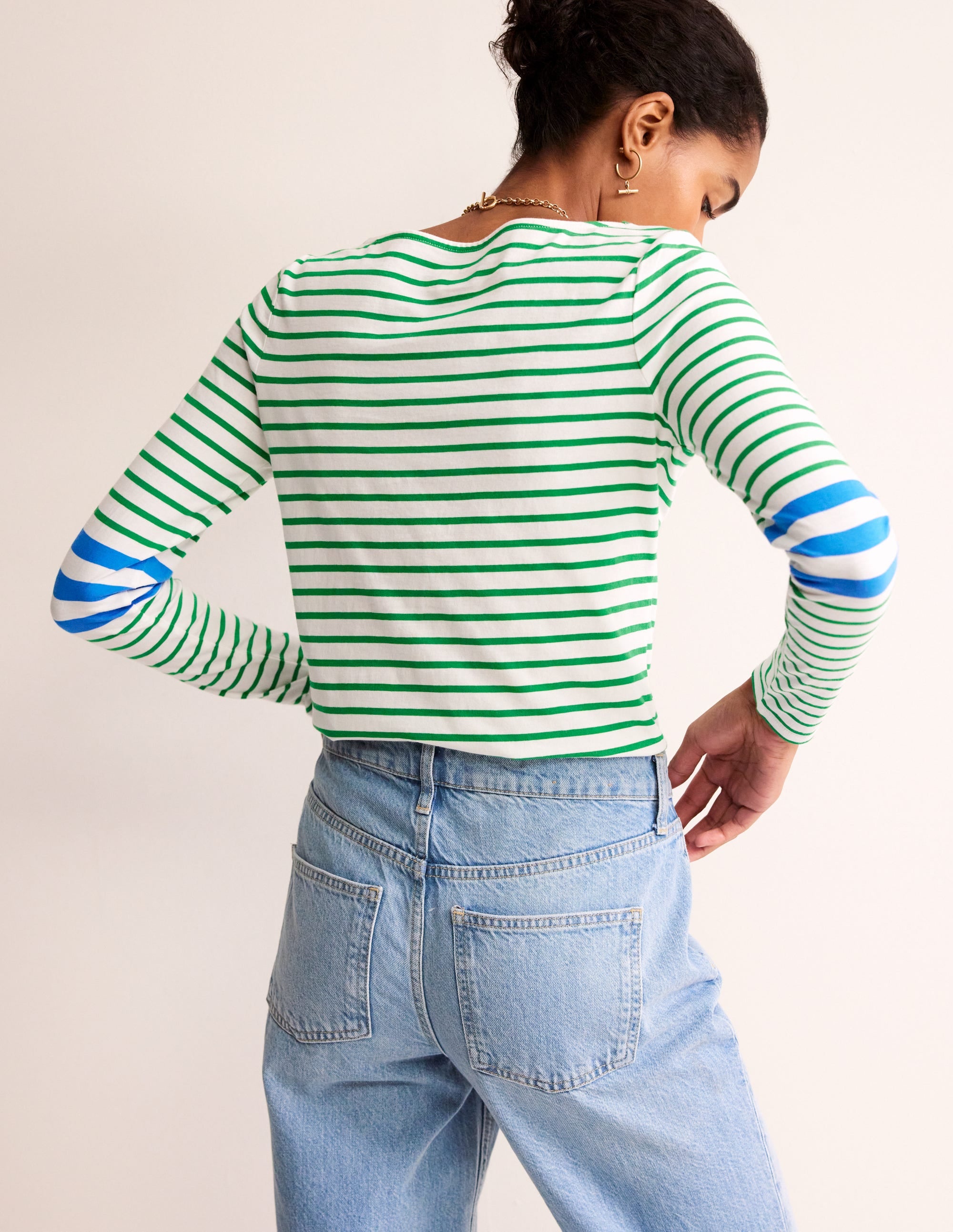 Ella Long Sleeve Breton-Green, Blue Stripe - Image 3