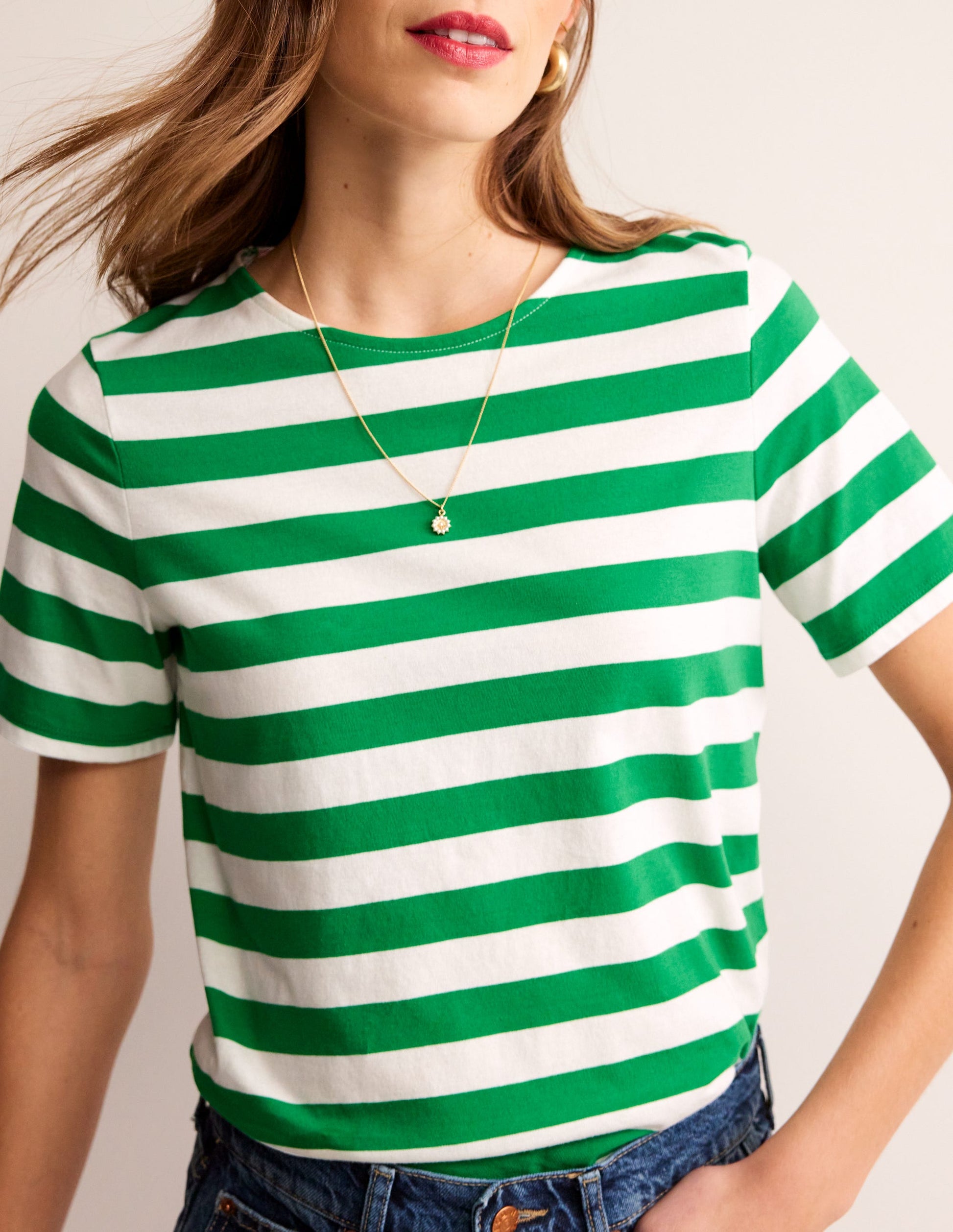 Bea Short Sleeve Breton-Ivory, Green Stripe-4