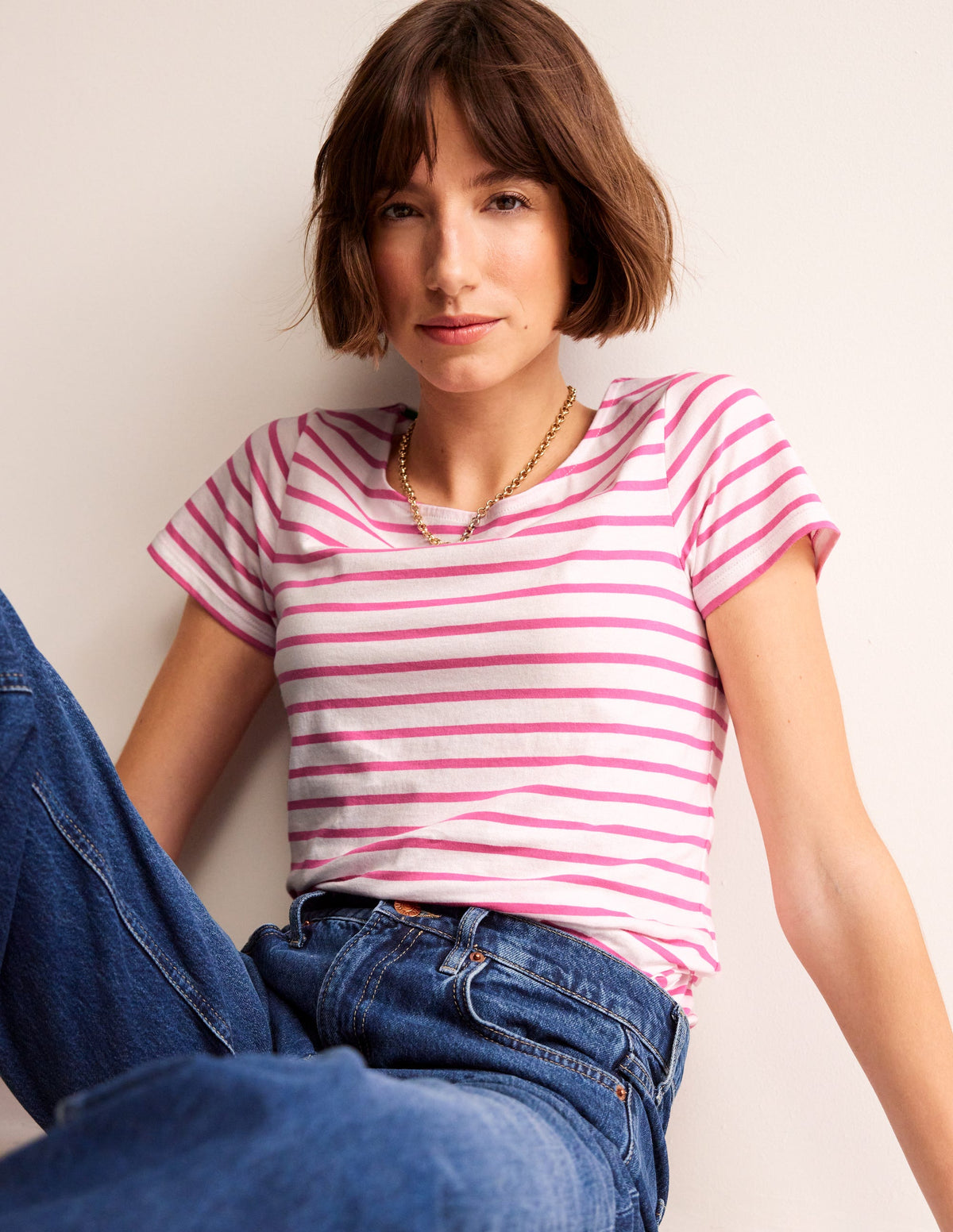 Ella Short Sleeve Breton-Ivory, Pink-2