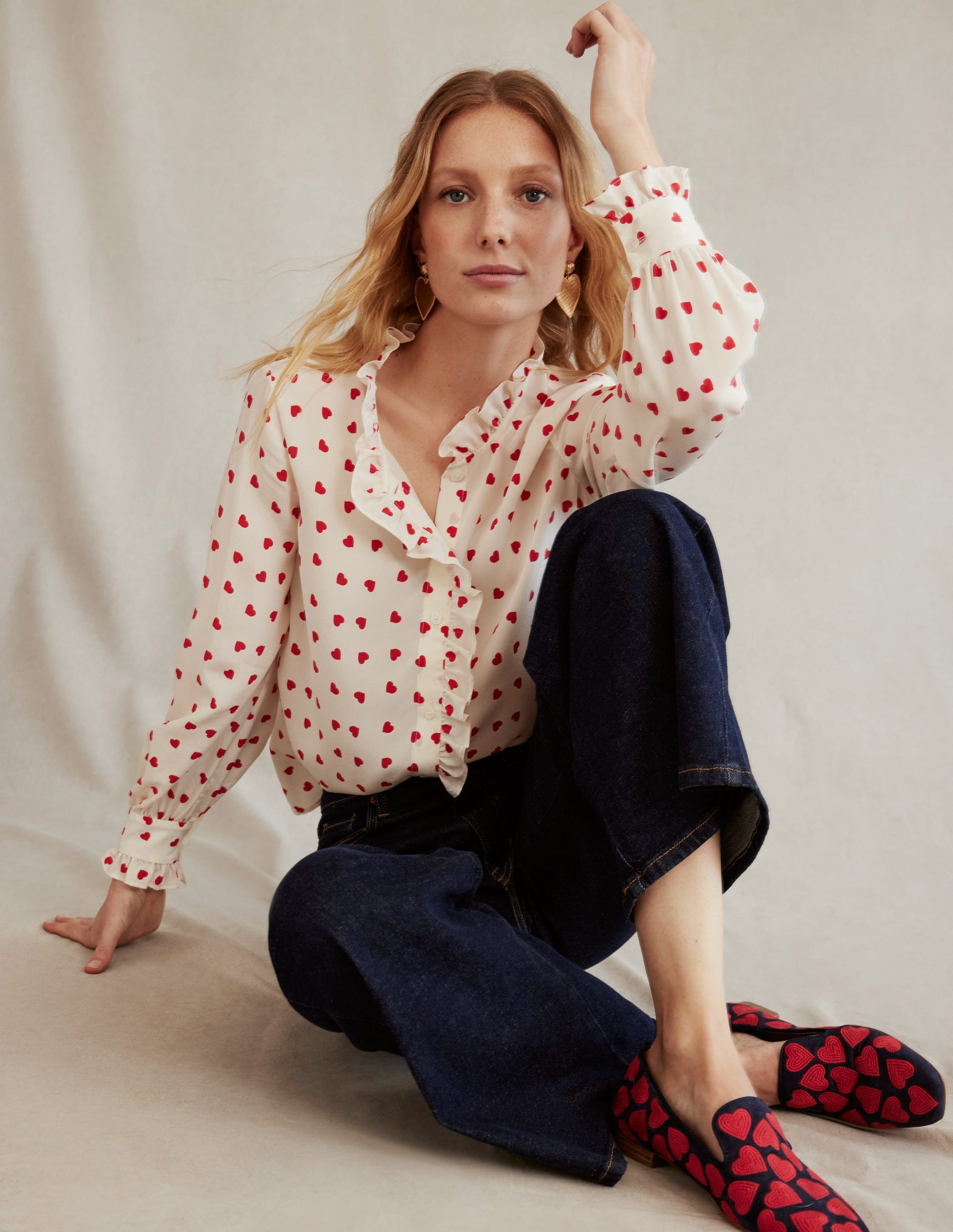 Ruffle Neck Silk Blouse-Ivory, Love Heart-5