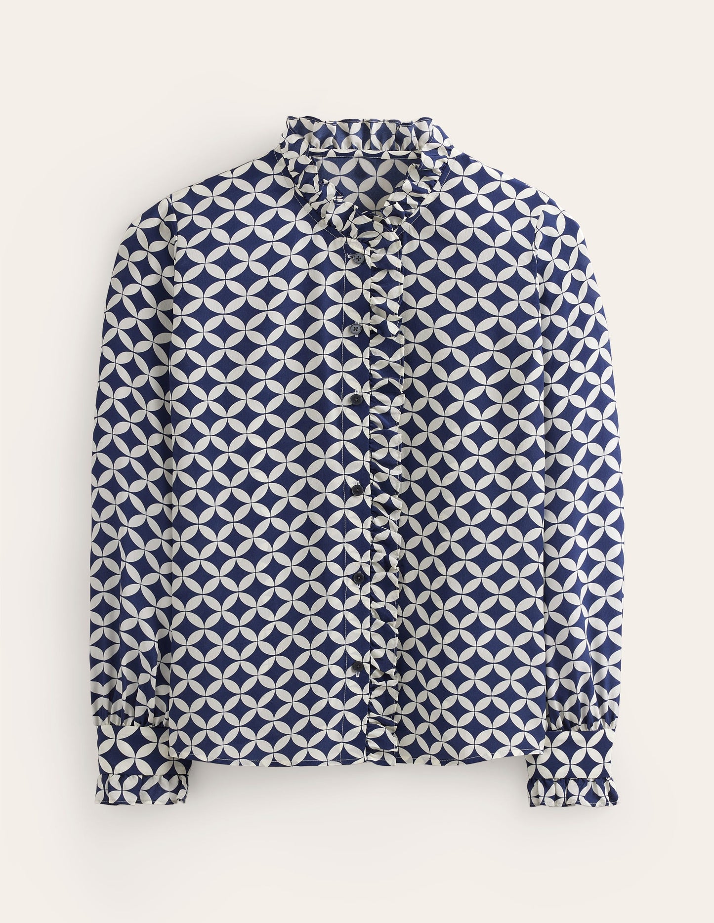 Ruffle Neck Silk Blouse-Navy, Diamond Terrace
