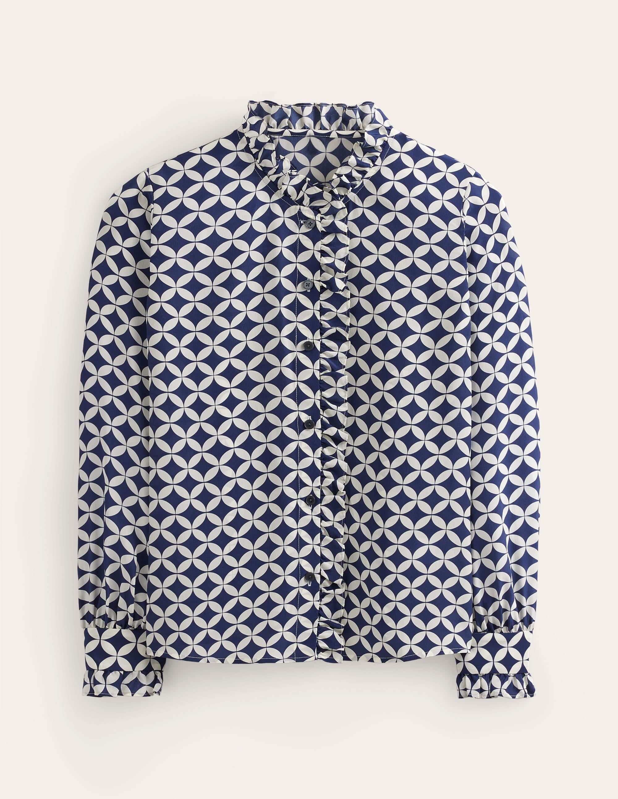 Ruffle Neck Silk Blouse-Navy, Diamond Terrace - Image 8