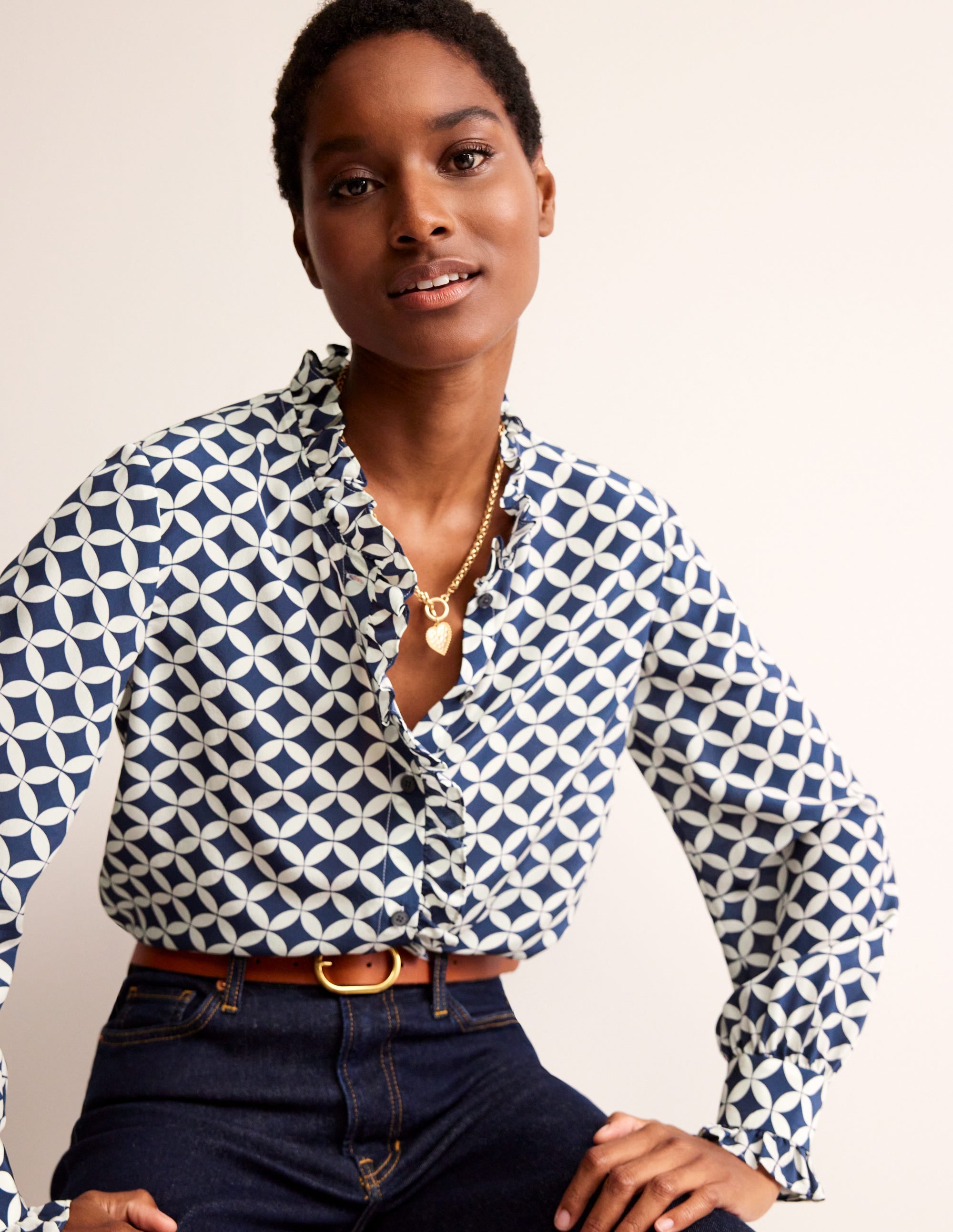 Ruffle Neck Silk Blouse-Navy, Diamond Terrace - Image 1