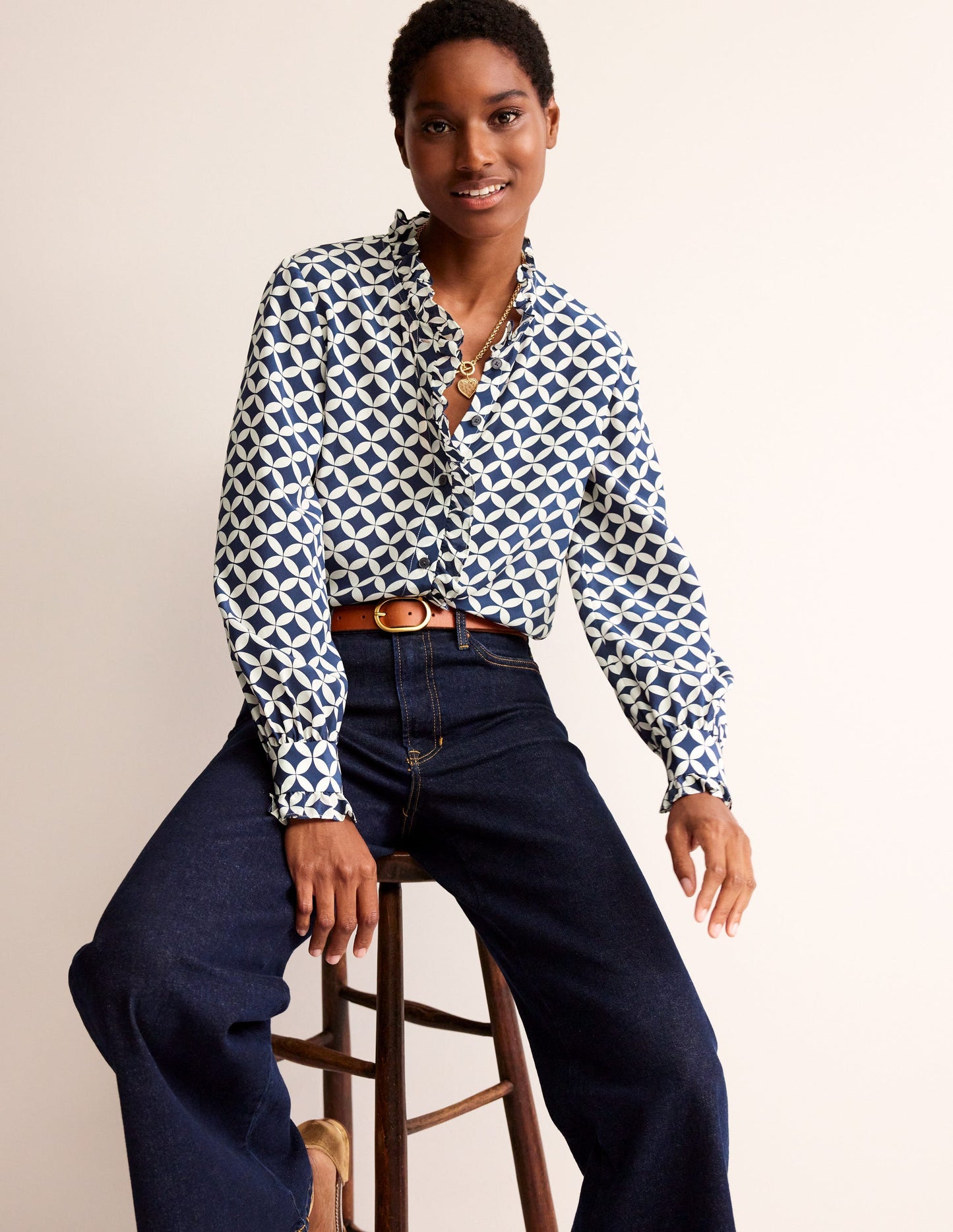 Ruffle Neck Silk Blouse-Navy, Diamond Terrace