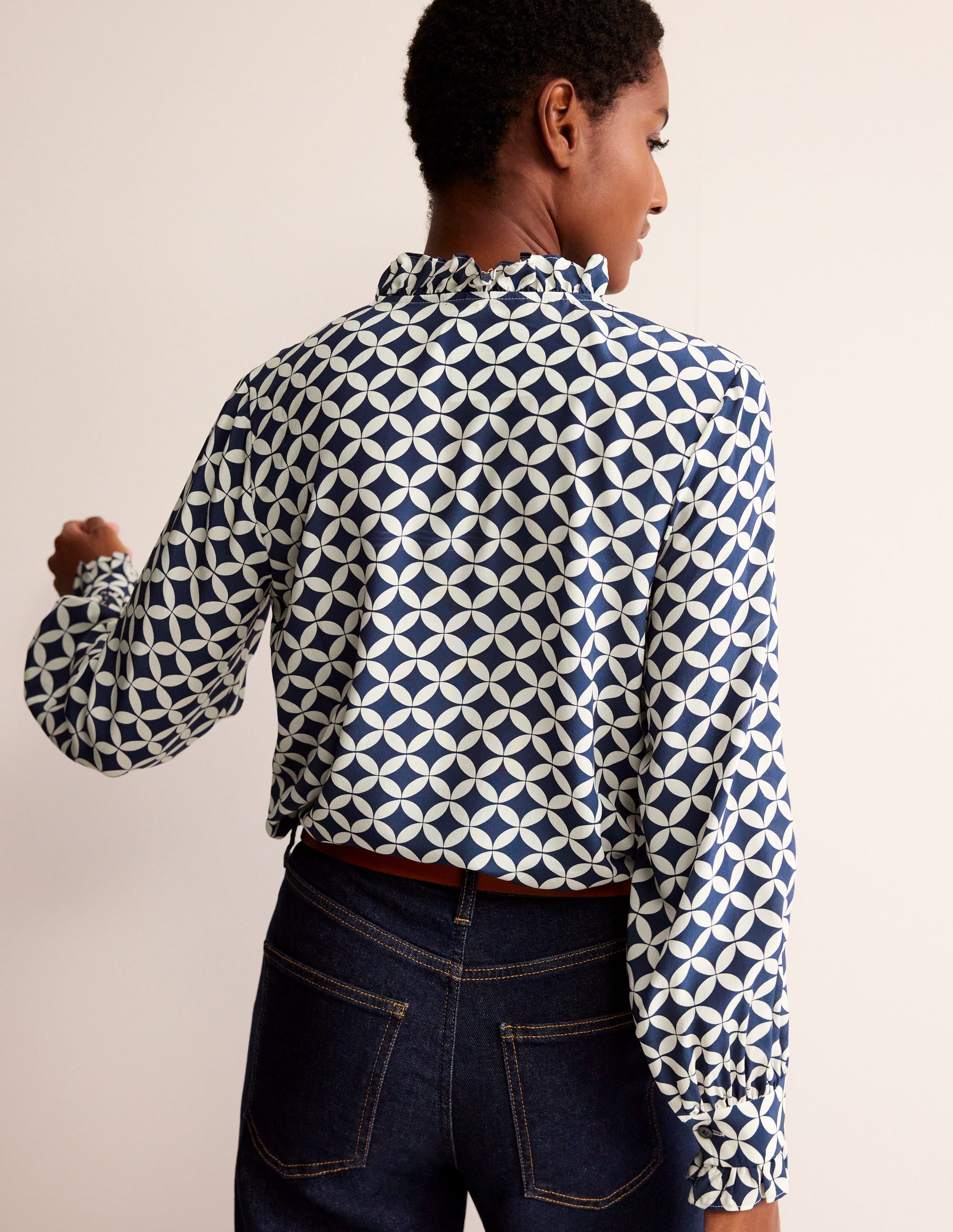 Ruffle Neck Silk Blouse-Navy, Diamond Terrace - Image 3
