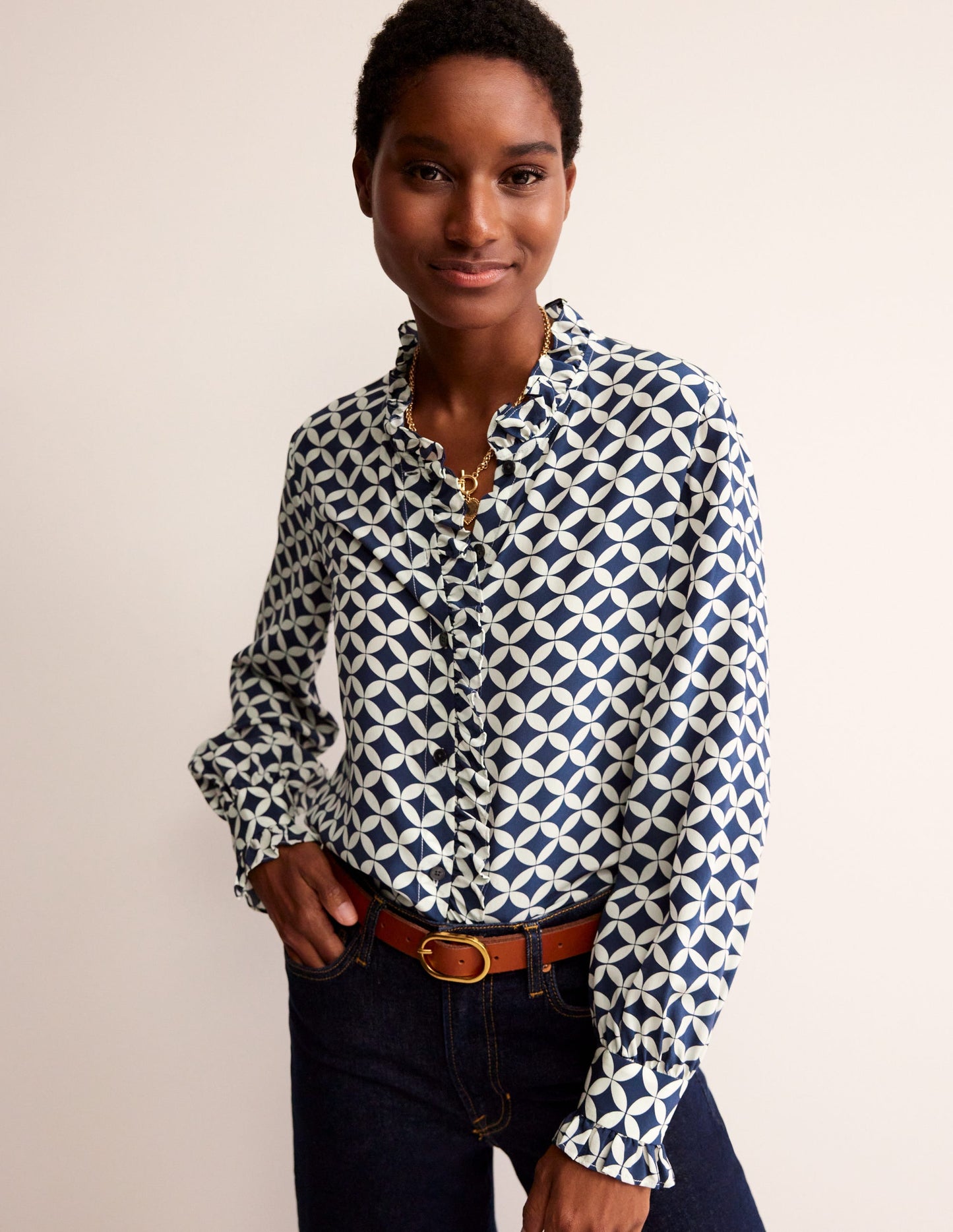 Ruffle Neck Silk Blouse-Navy, Diamond Terrace