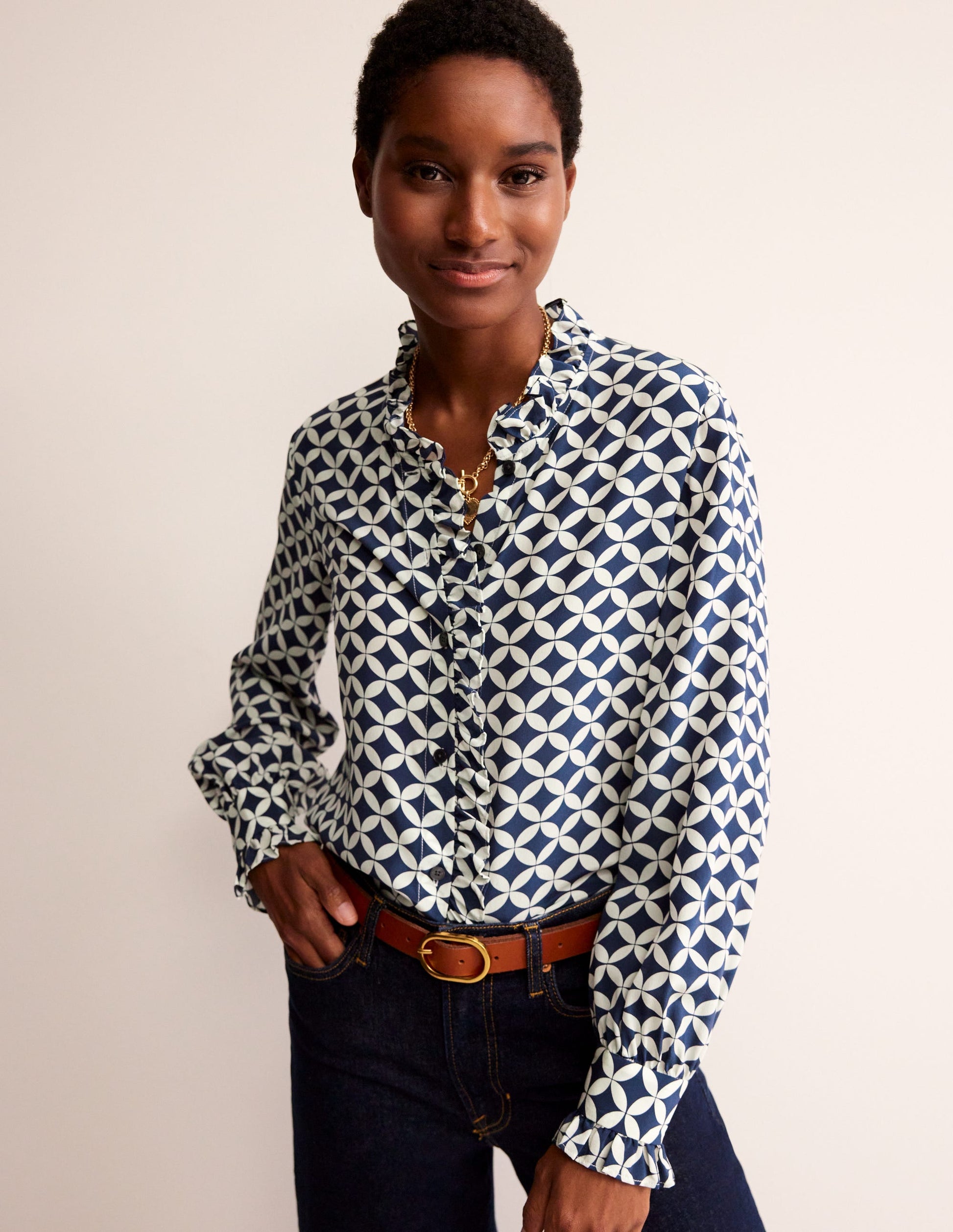 Ruffle Neck Silk Blouse-Navy, Diamond Terrace-4