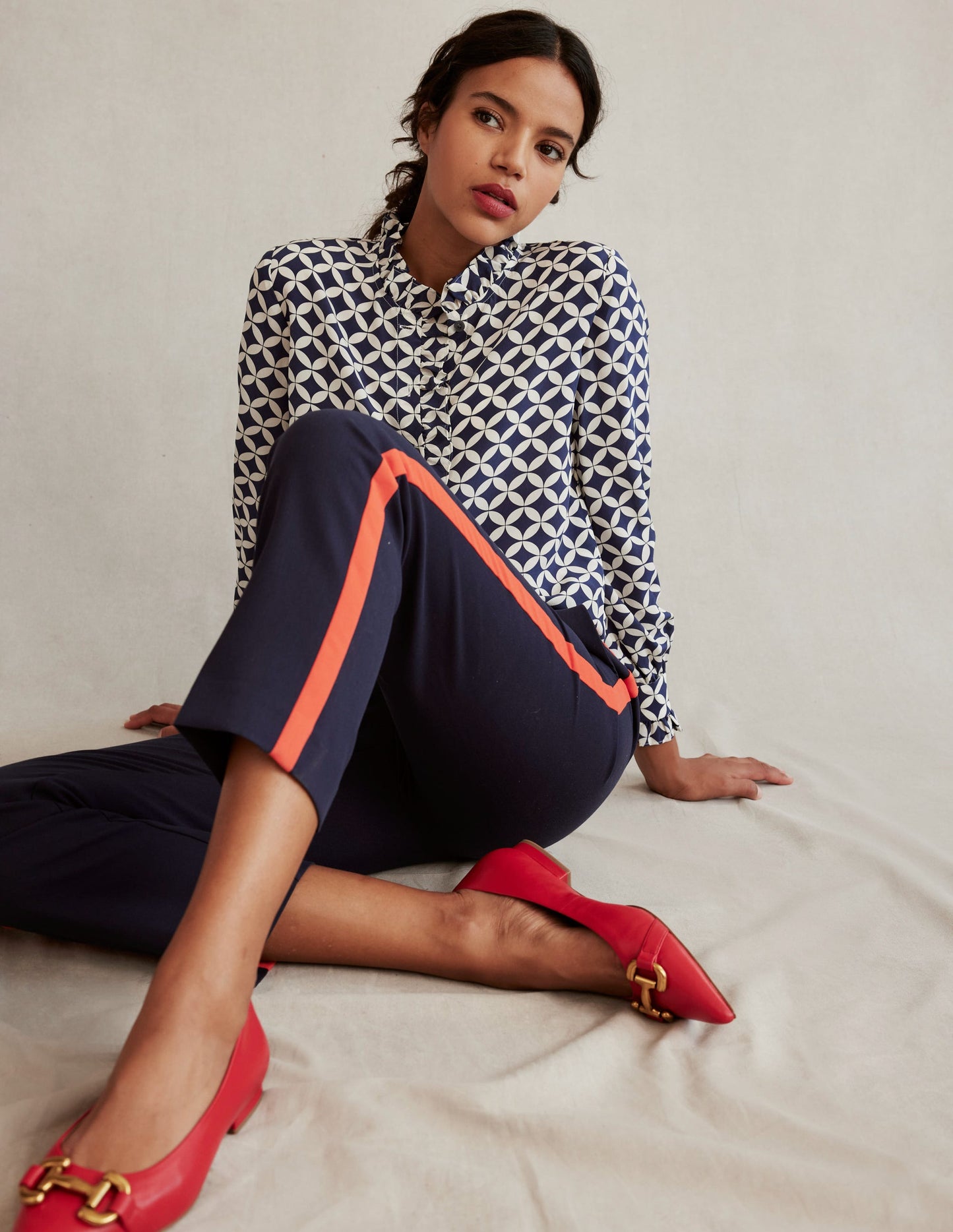 Ruffle Neck Silk Blouse-Navy, Diamond Terrace