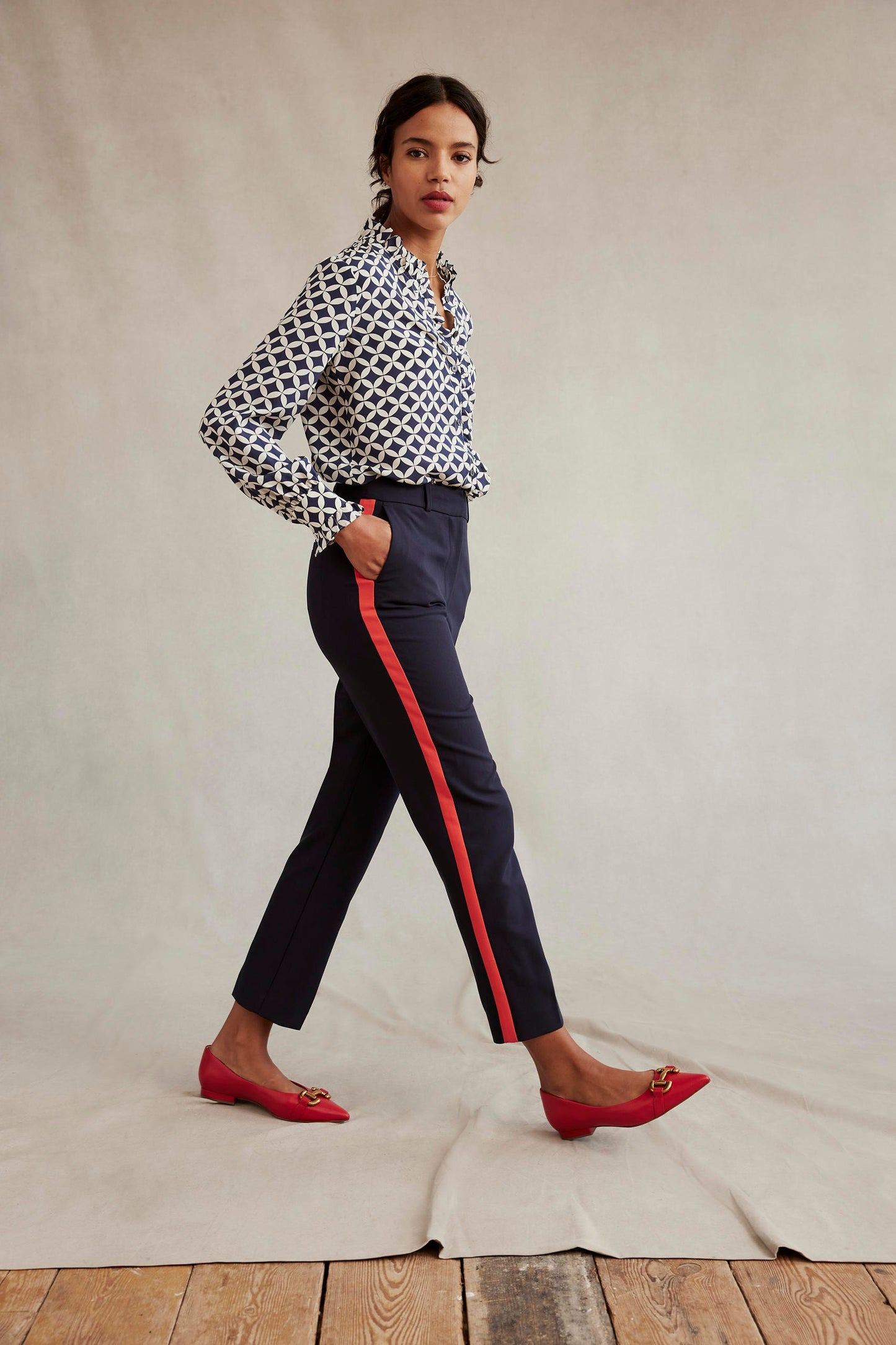 Ruffle Neck Silk Blouse-Navy, Diamond Terrace