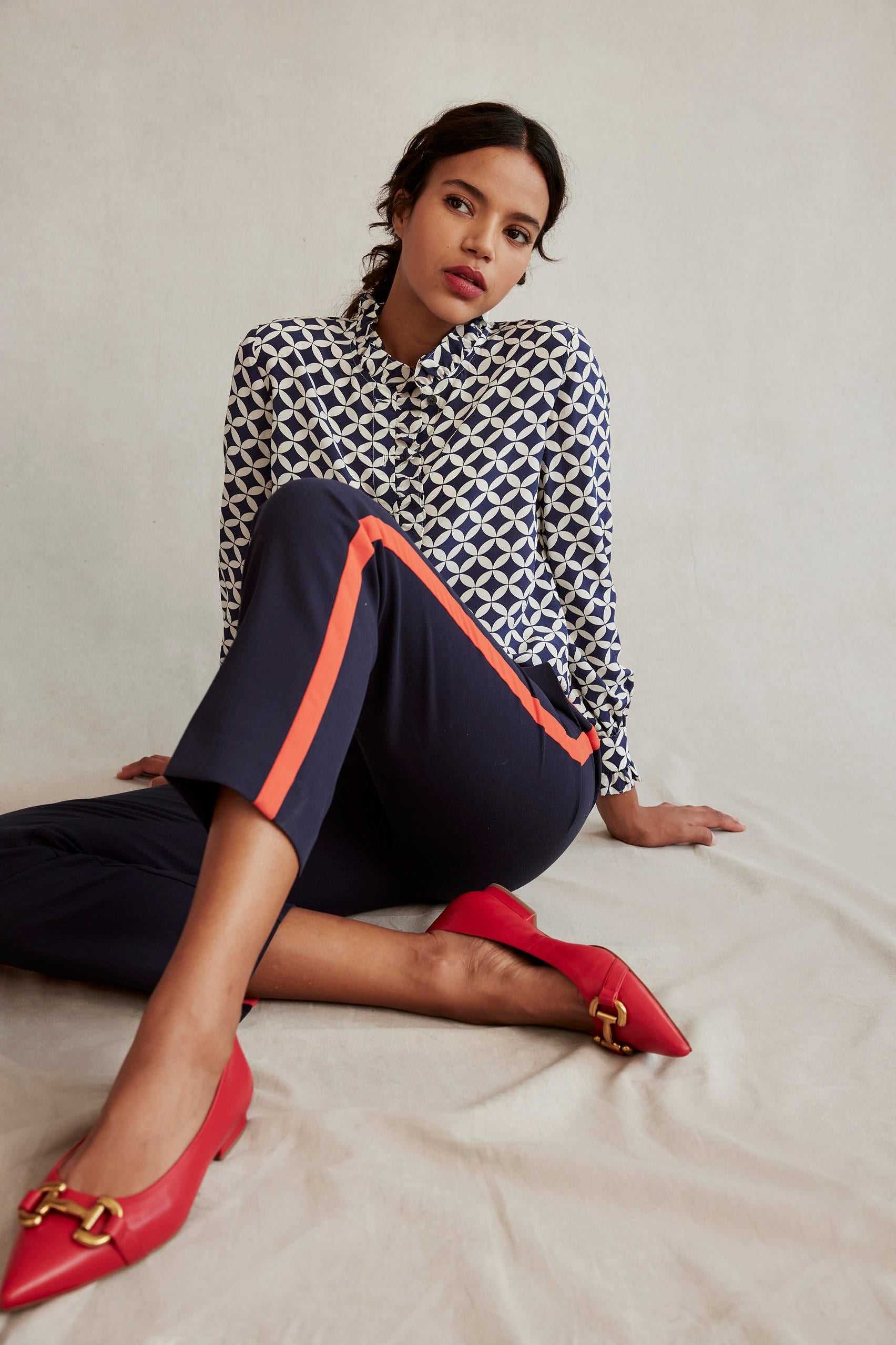 Ruffle Neck Silk Blouse-Navy, Diamond Terrace - Image 7
