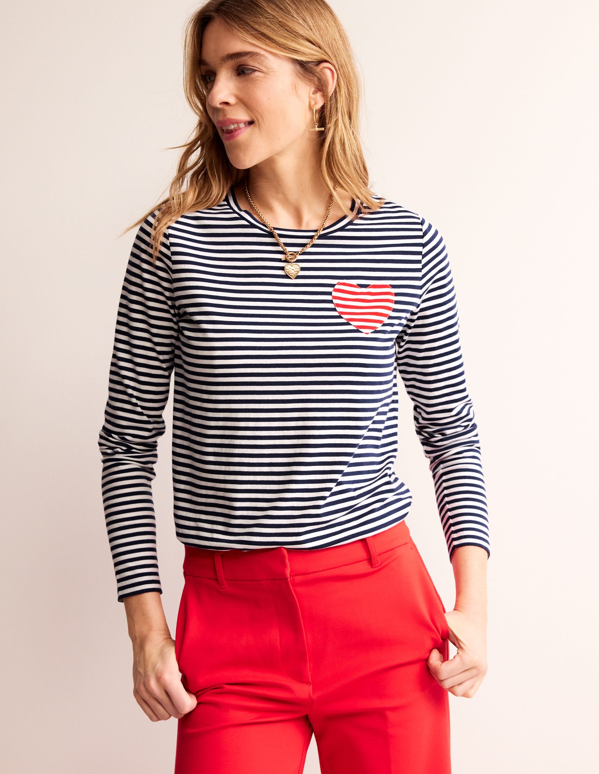 Heart Stripe Crew Neck Top-Navy, Ivory - Image 1