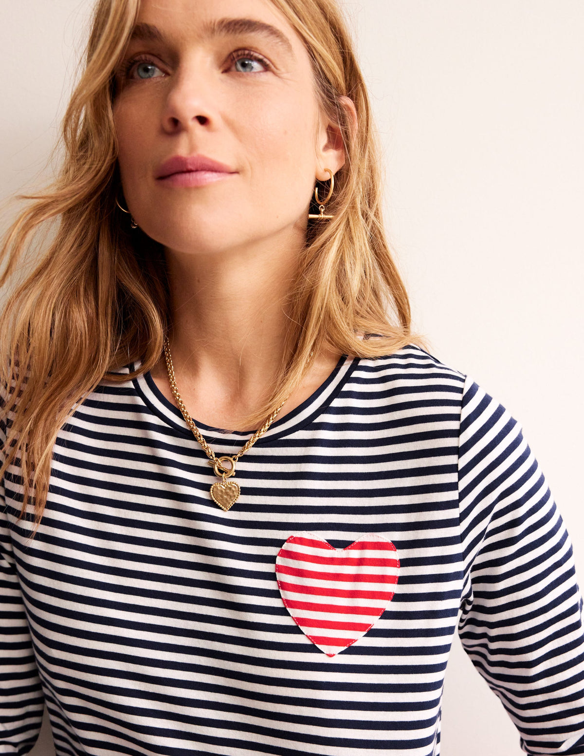 Heart Stripe Crew Neck Top-Navy, Ivory-2