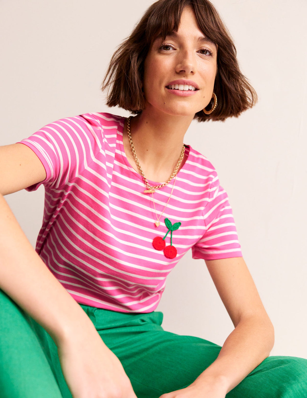 Crochet T-shirt-Pink, Ivory Cherries - Image 1