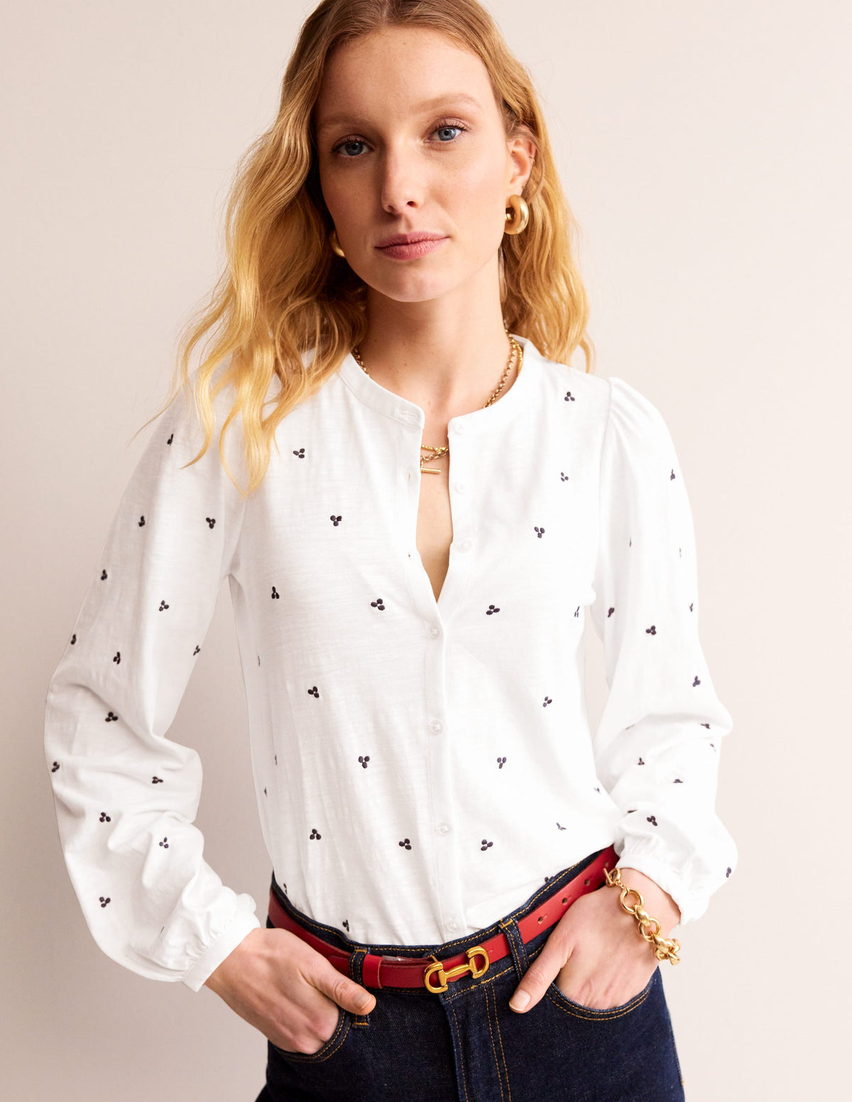 Marina Embroidered Shirt-White, Navy Spot - Image 4