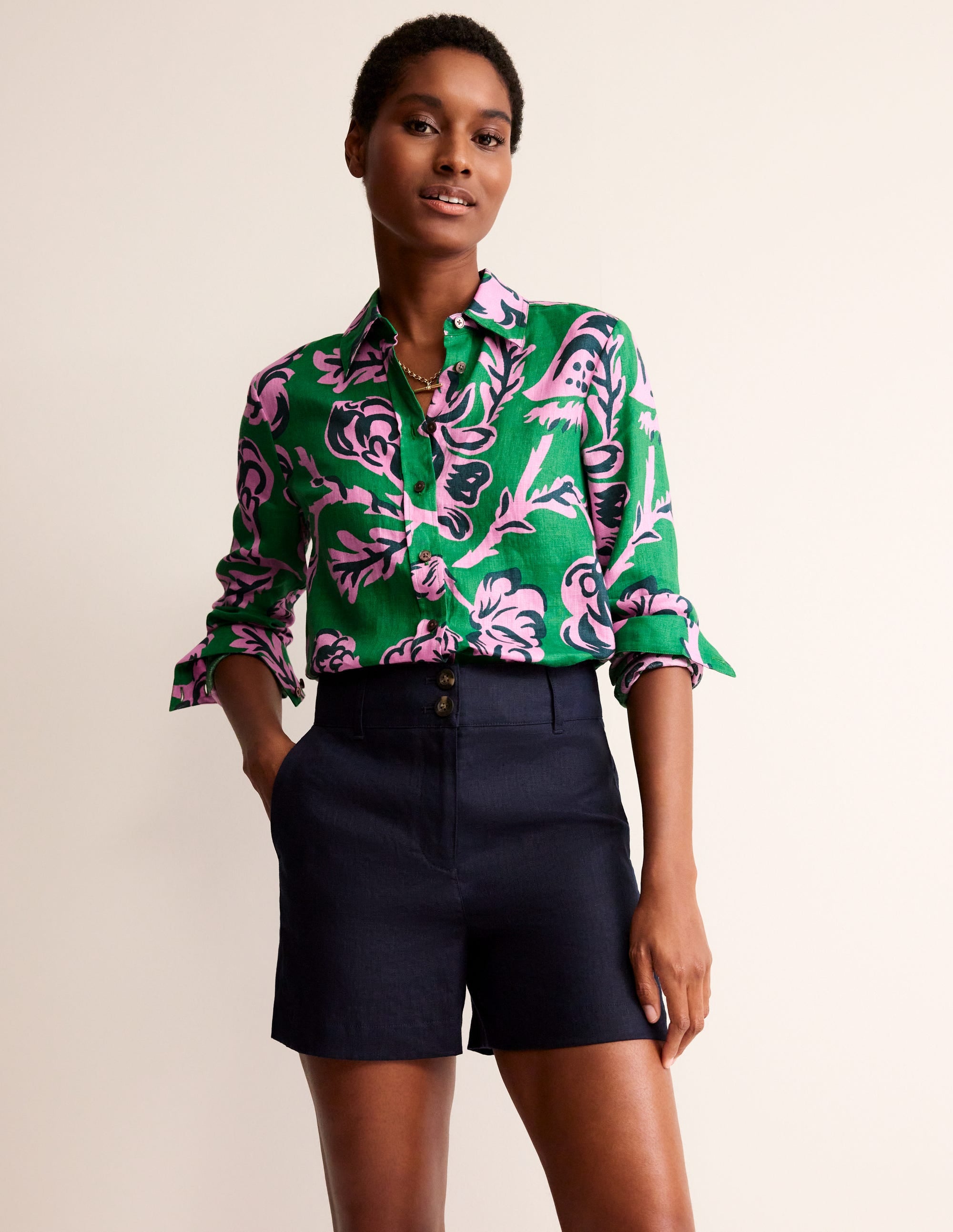 Sienna Linen Shirt-Green Tambourine, Rose Blush - Image 4