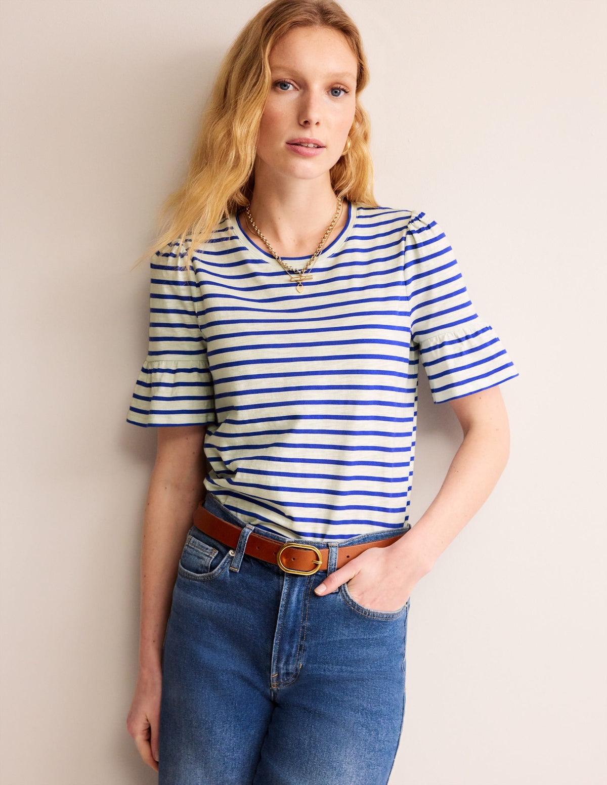 Crew Neck Frill Cuff T-shirt-Ivory, Surf the Web-1