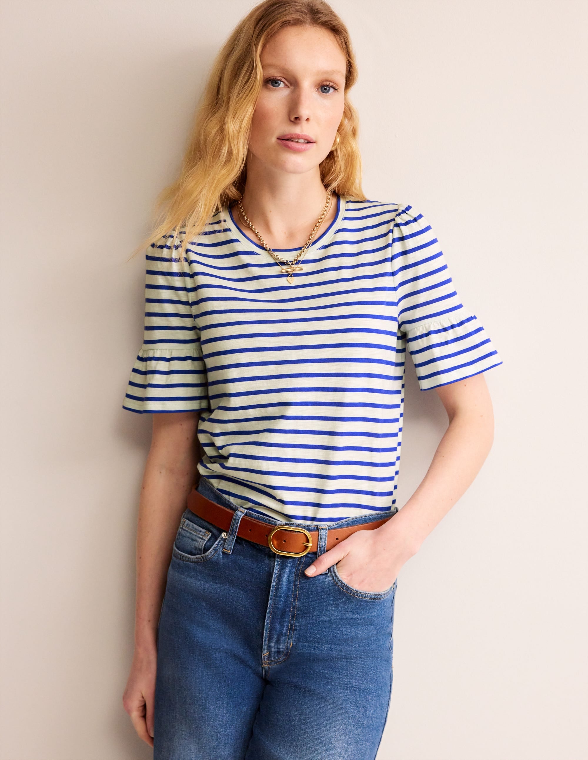 Crew Neck Frill Cuff T-shirt-Ivory, Surf the Web - Image 1