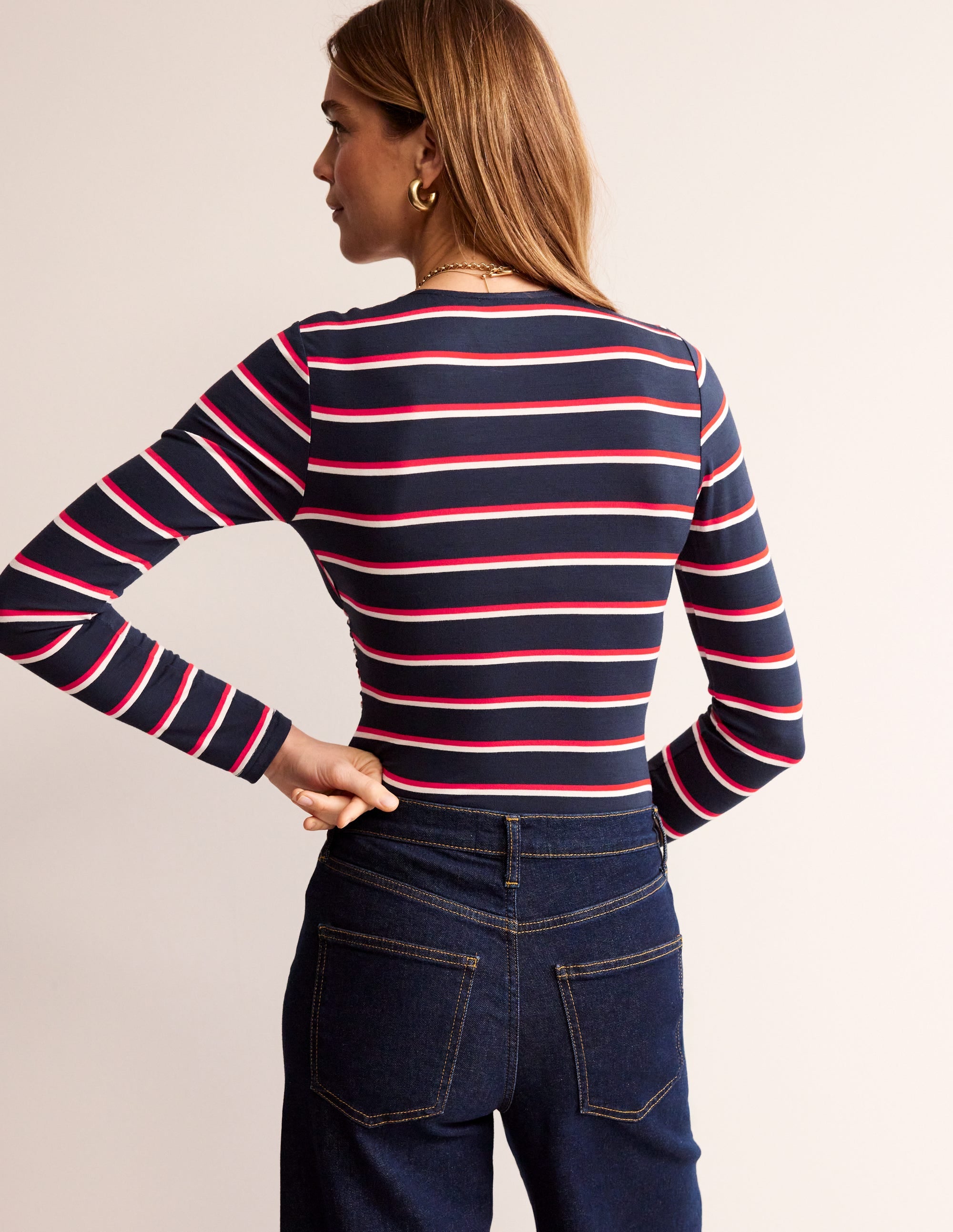Long Sleeve Wrap Top-Navy Stripe - Image 3