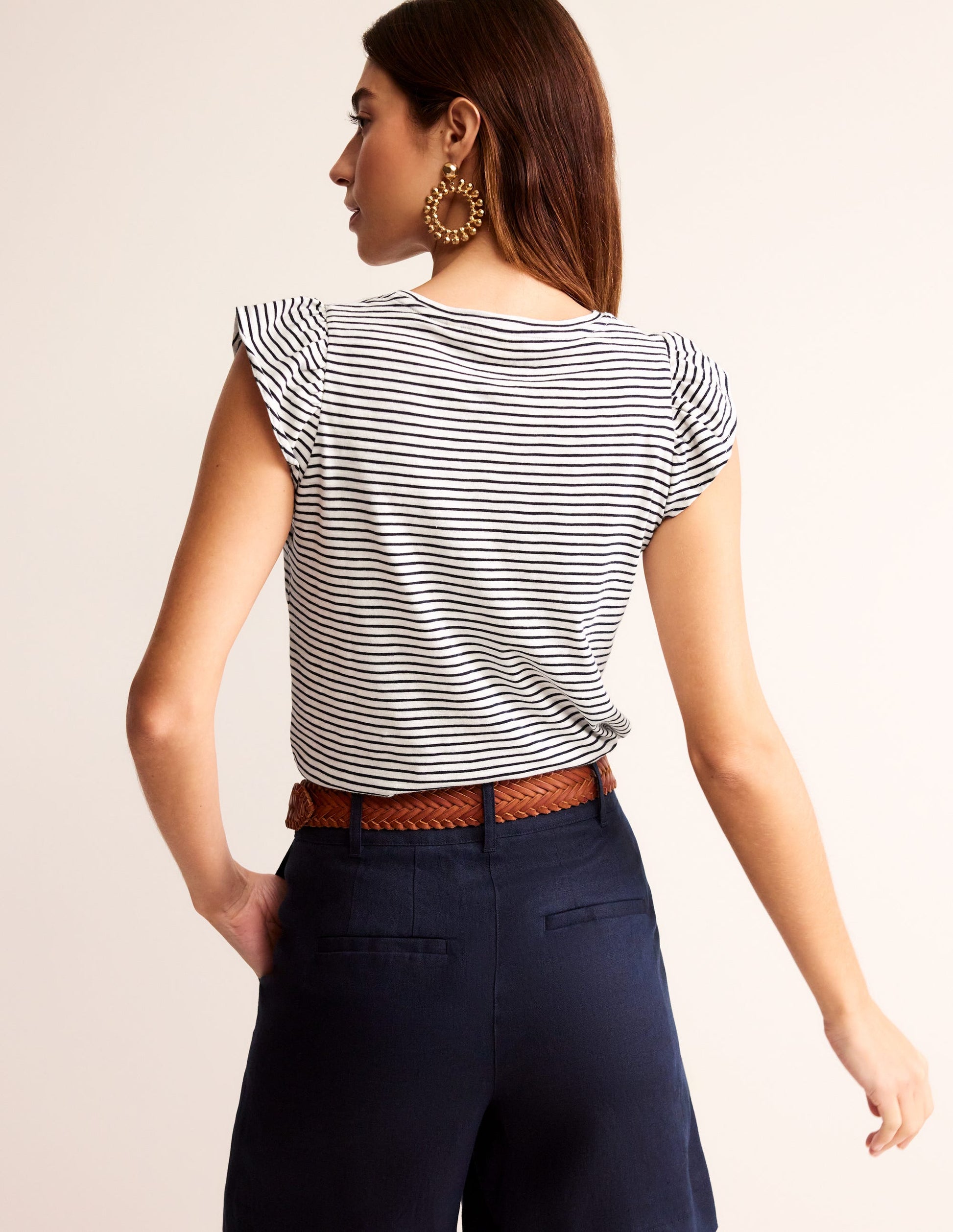 Cotton Flutter Top-Ivory, Navy-3