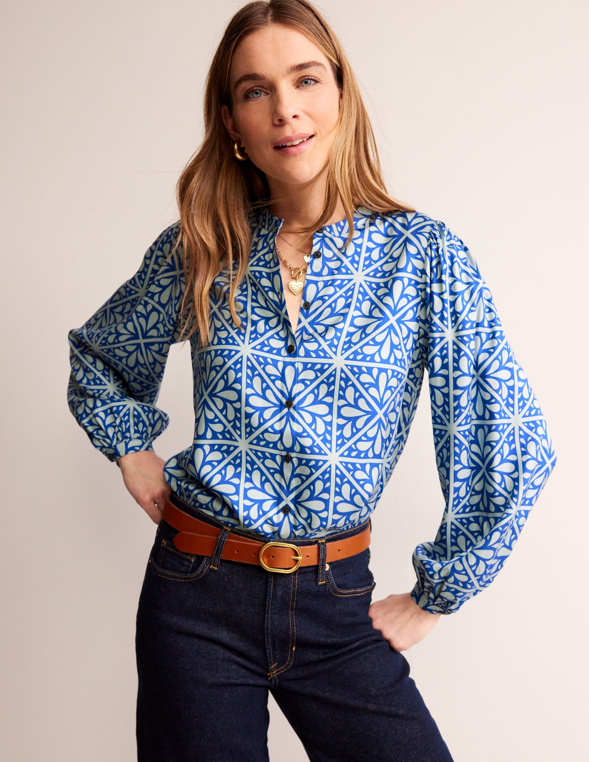 Blouson Sleeve Blouse-Surf The Web, Floral Mosaic - Image 1