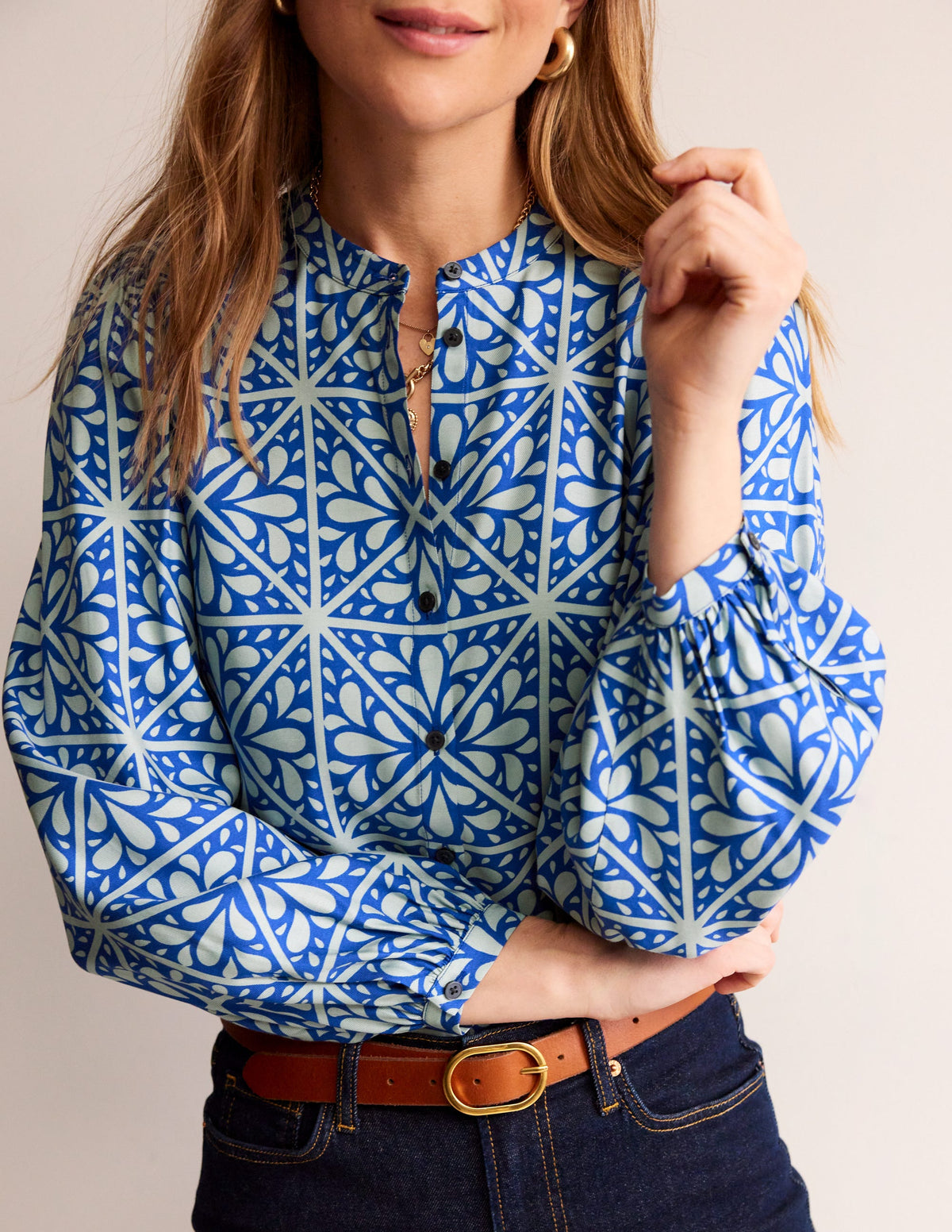 Blouson Sleeve Blouse-Surf The Web, Floral Mosaic-2