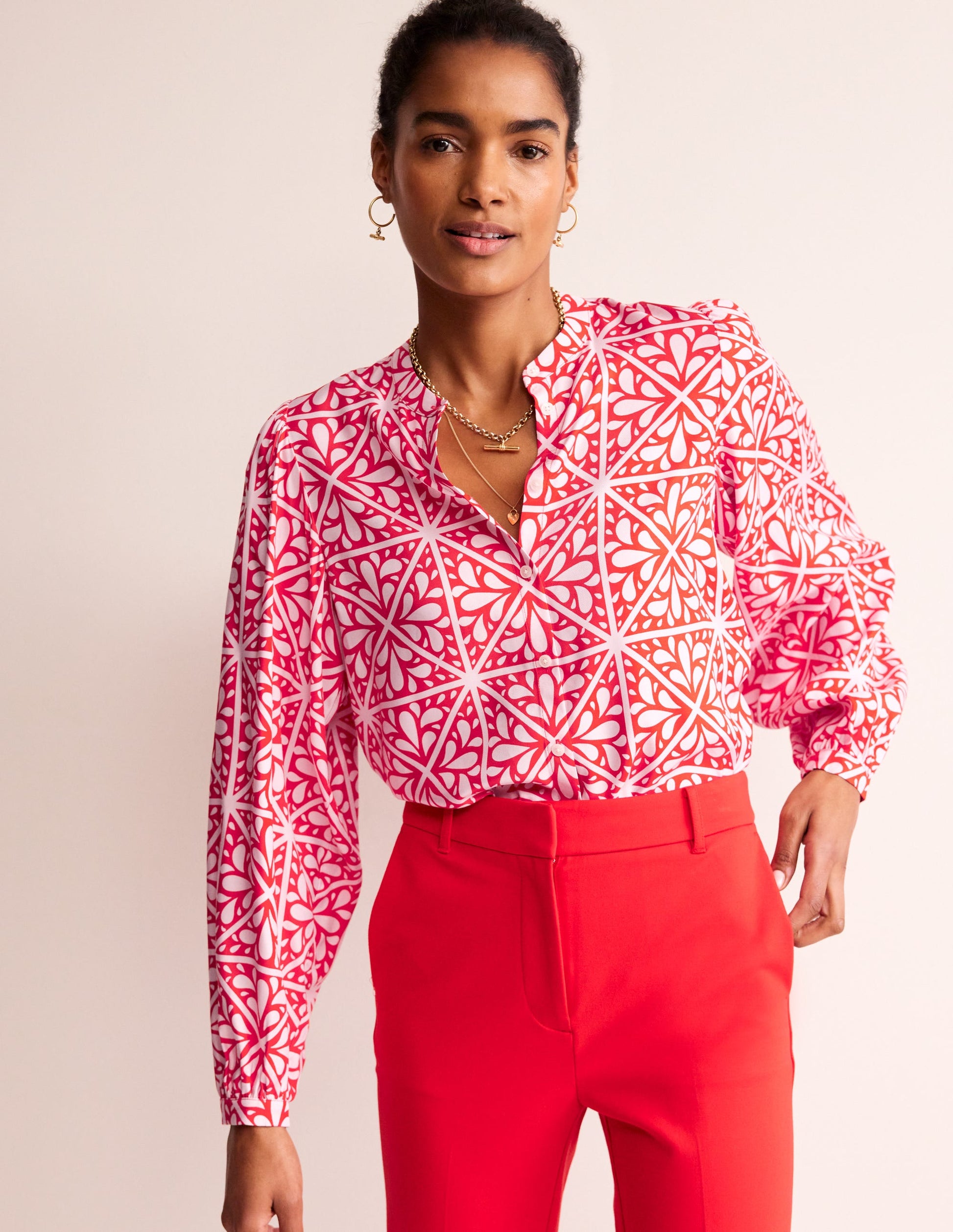 Blouson Sleeve Blouse-Flame Scarlet, Floral Mosaic-1