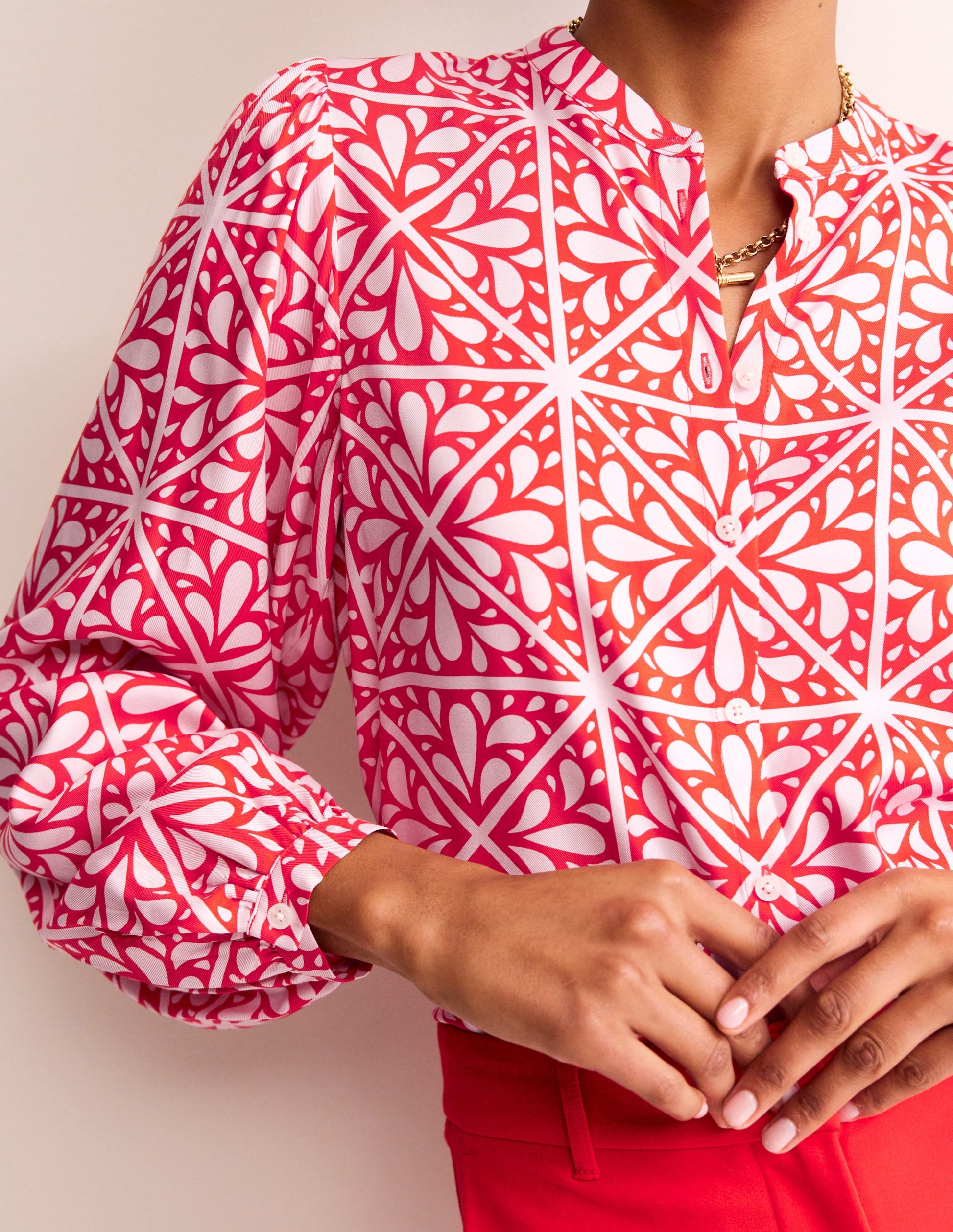 Blouson Sleeve Blouse-Flame Scarlet, Floral Mosaic-2
