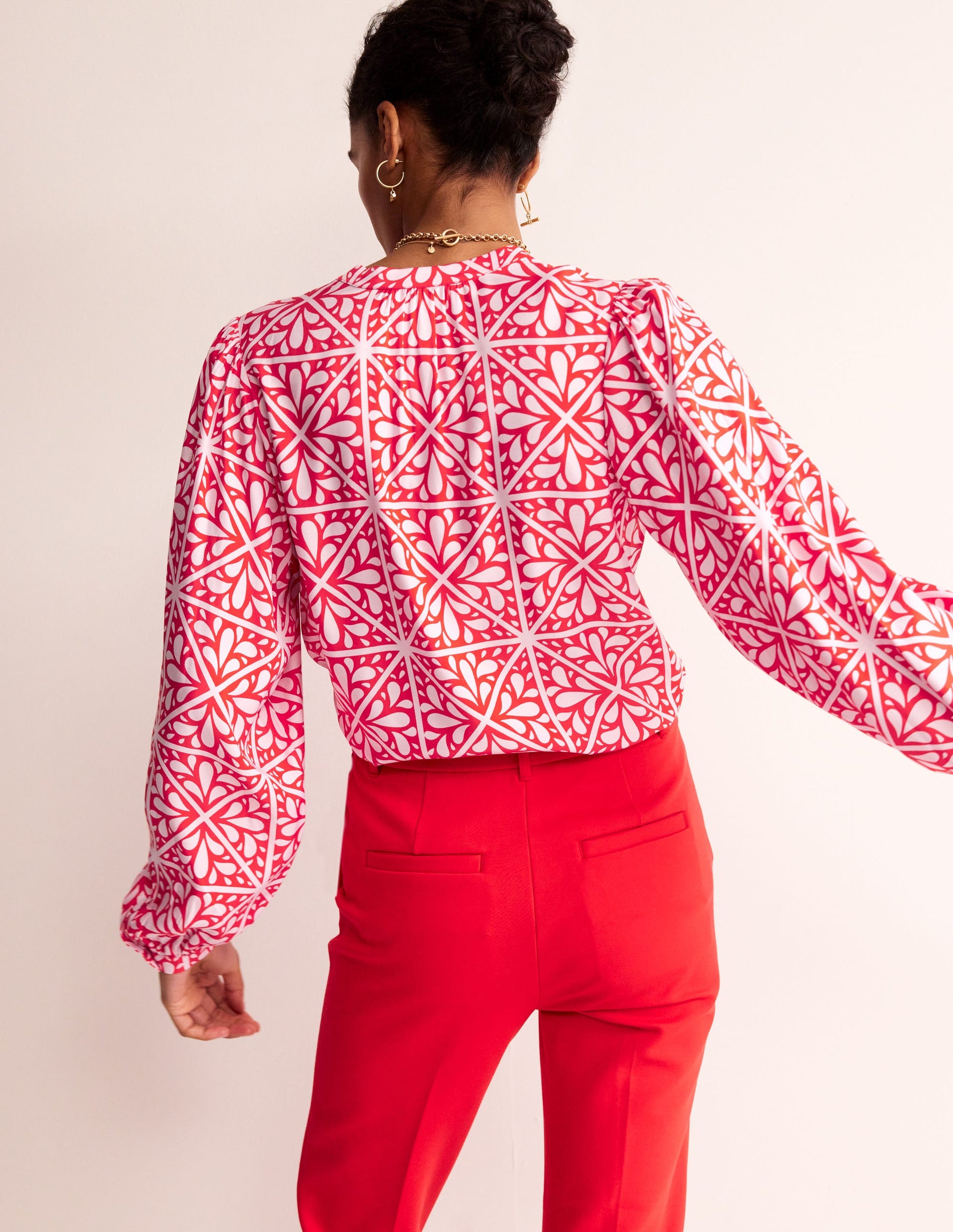 Blouson Sleeve Blouse-Flame Scarlet, Floral Mosaic-3