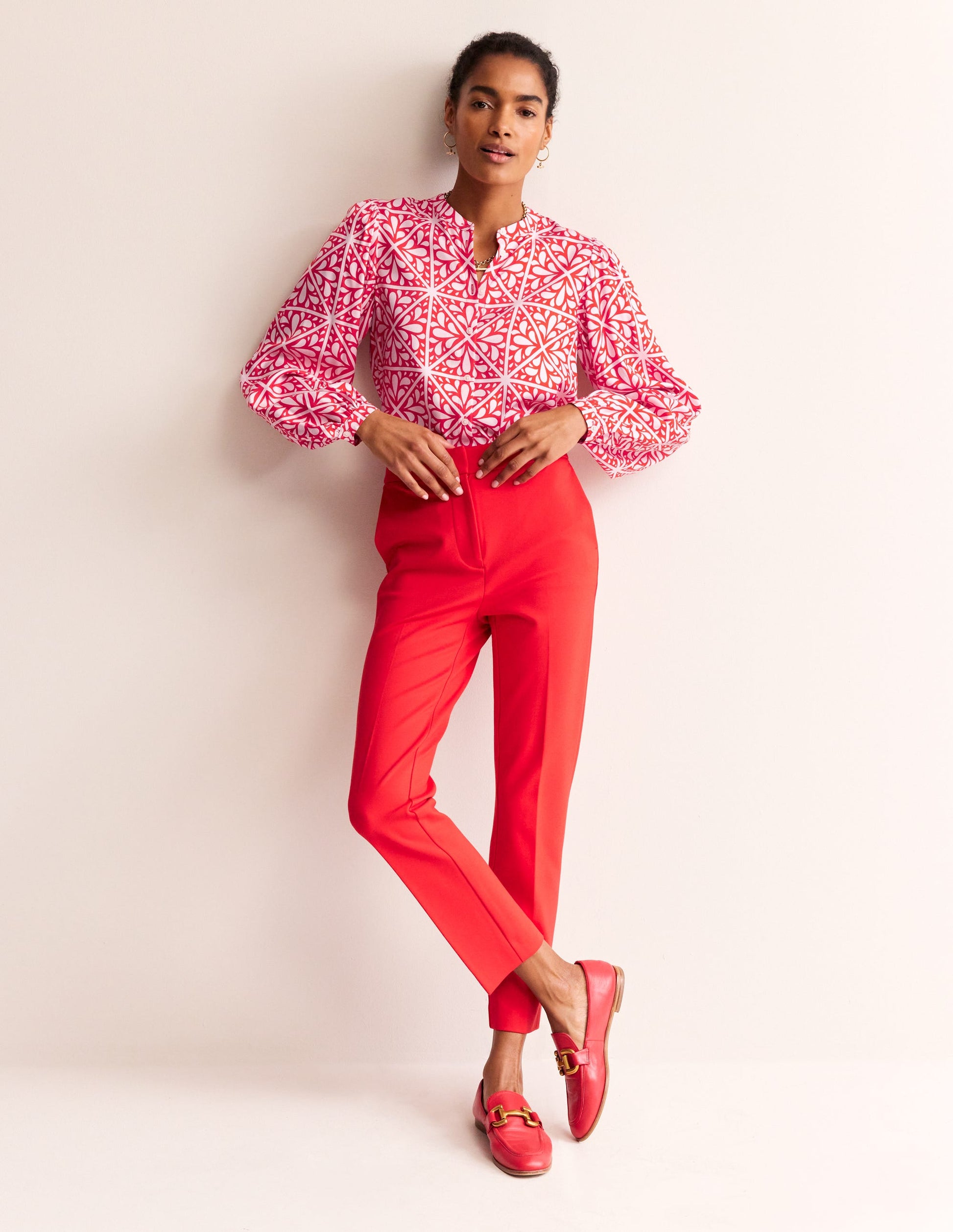 Blouson Sleeve Blouse-Flame Scarlet, Floral Mosaic-4