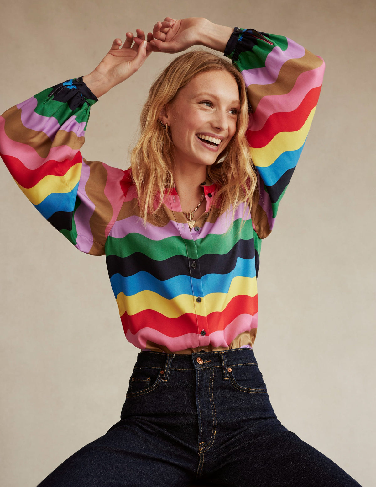 Blouson Sleeve Blouse-Multi, Rainbow Wave-5