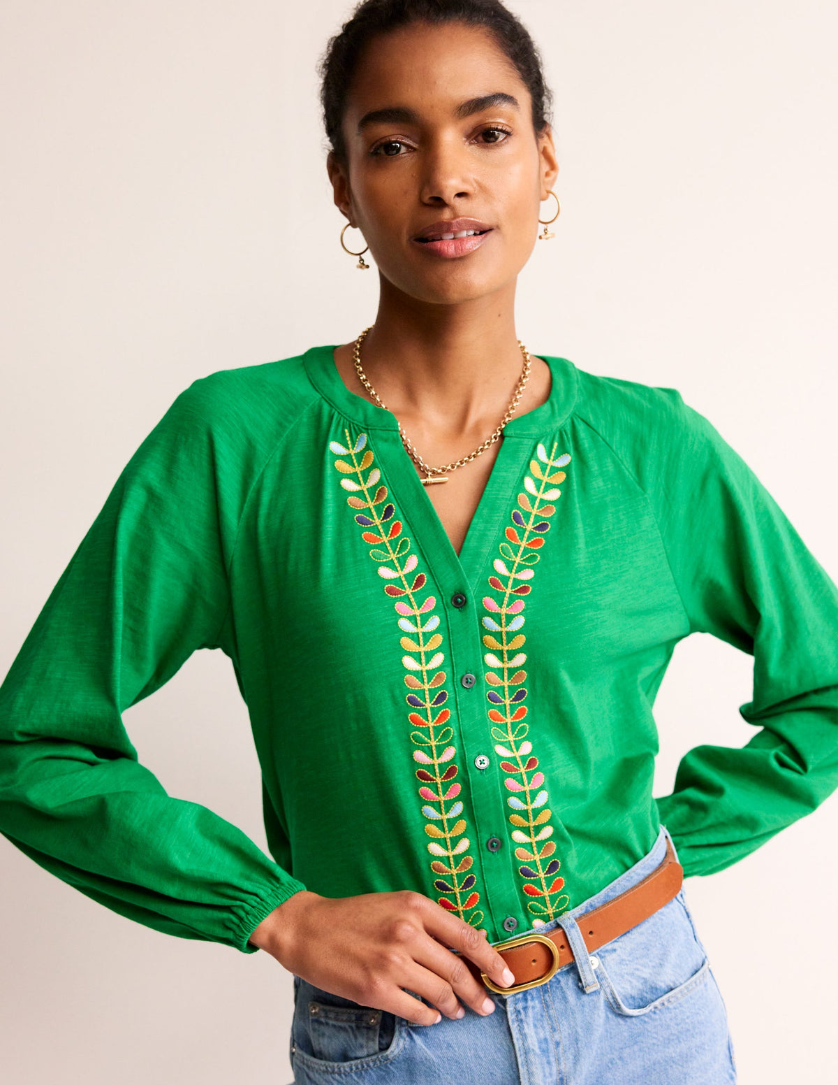 Embroidered Detail Top-Rich Emerald - Image 1