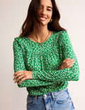 Frill Detail Long Sleeve Top-Green Tambourine, Ditsy Bud