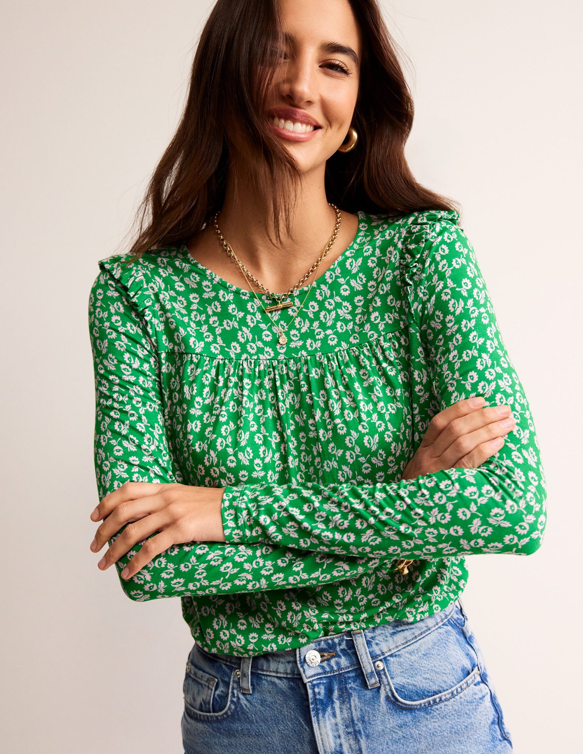 Frill Detail Long Sleeve Top-Green Tambourine, Ditsy Bud-1