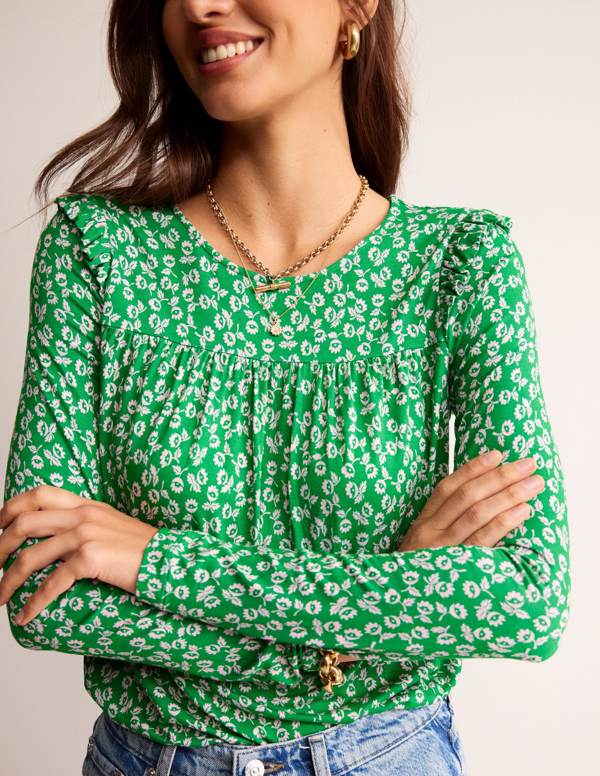 Frill Detail Long Sleeve Top-Green Tambourine, Ditsy Bud - Image 2