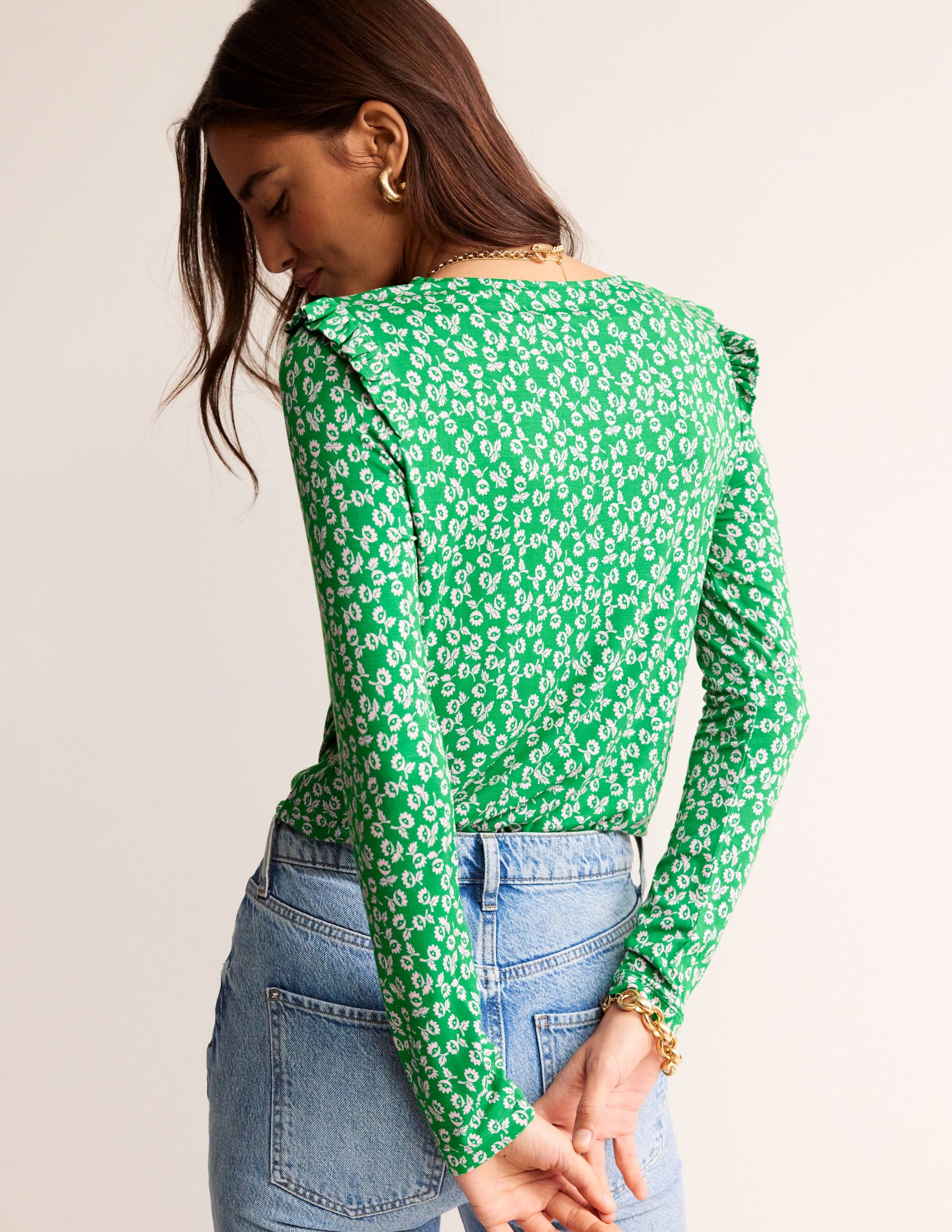 Frill Detail Long Sleeve Top-Green Tambourine, Ditsy Bud-3