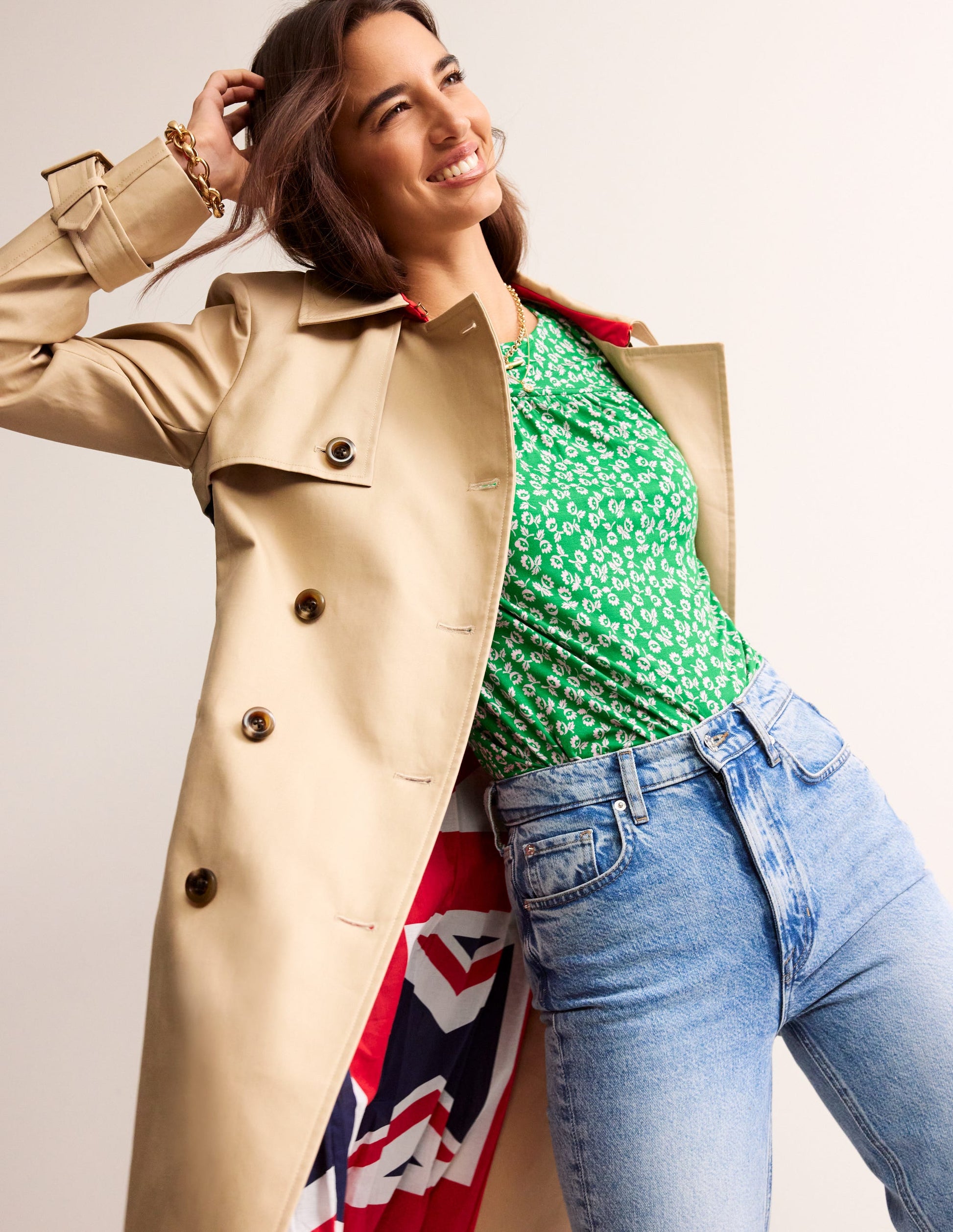 Frill Detail Long Sleeve Top-Green Tambourine, Ditsy Bud-4