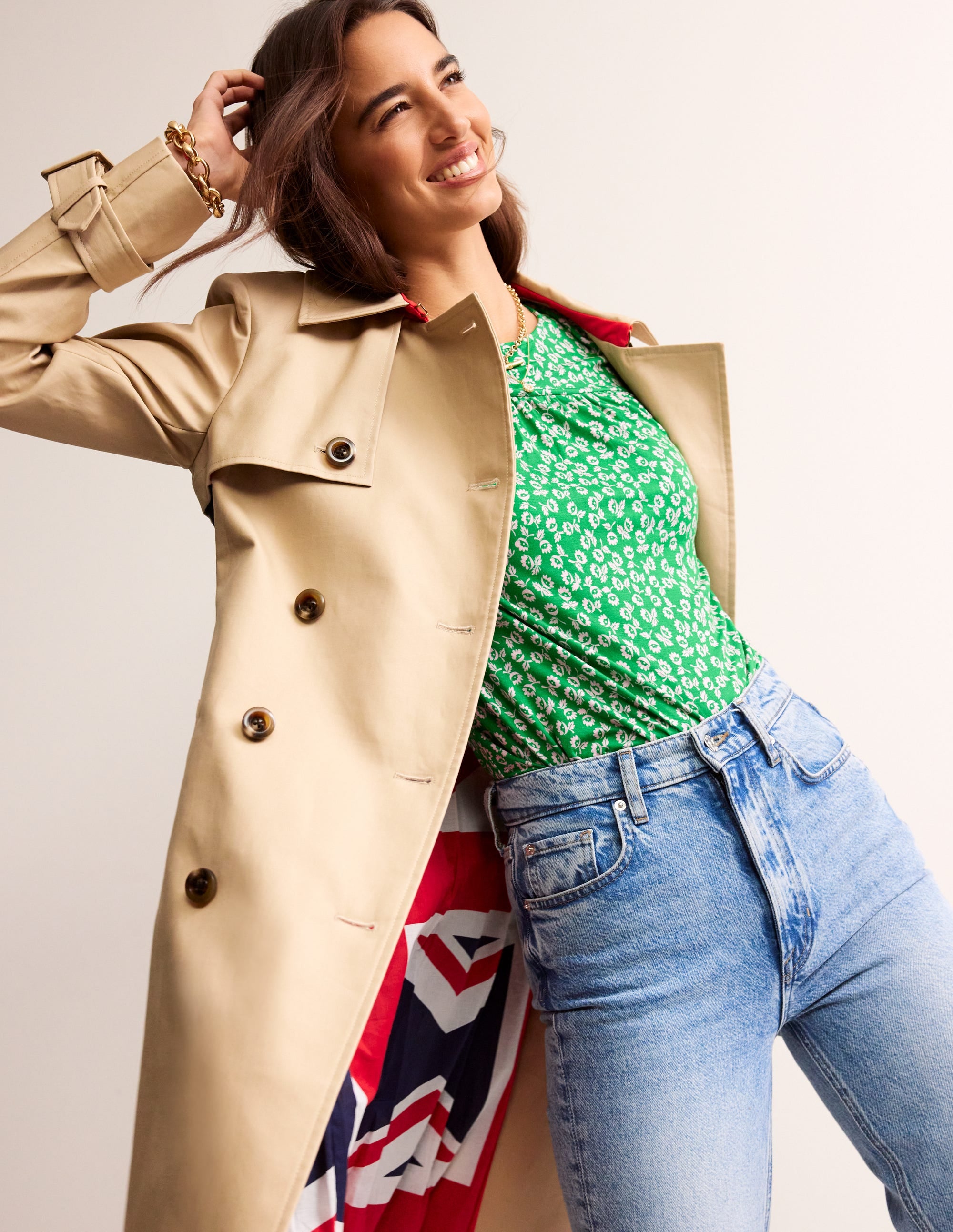 Frill Detail Long Sleeve Top-Green Tambourine, Ditsy Bud - Image 4