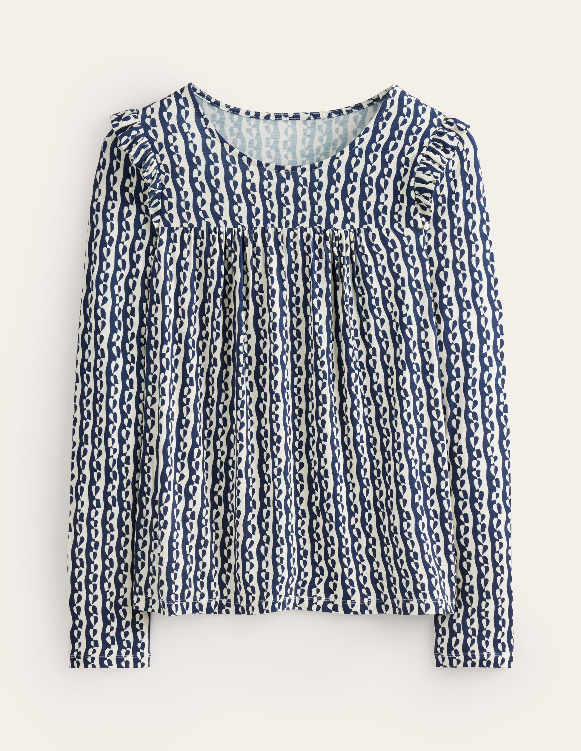 Frill Detail Long Sleeve Top-Navy, Abstract Heart-5