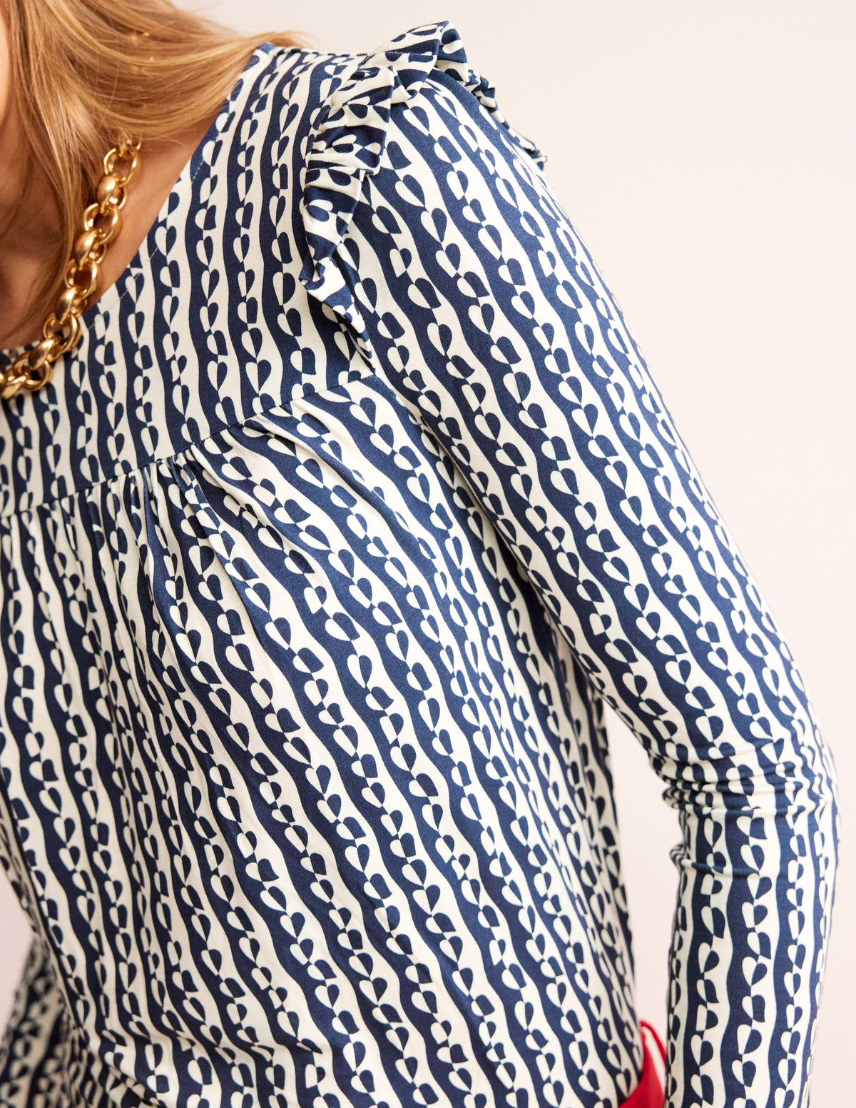 Frill Detail Long Sleeve Top-Navy, Abstract Heart - Image 2