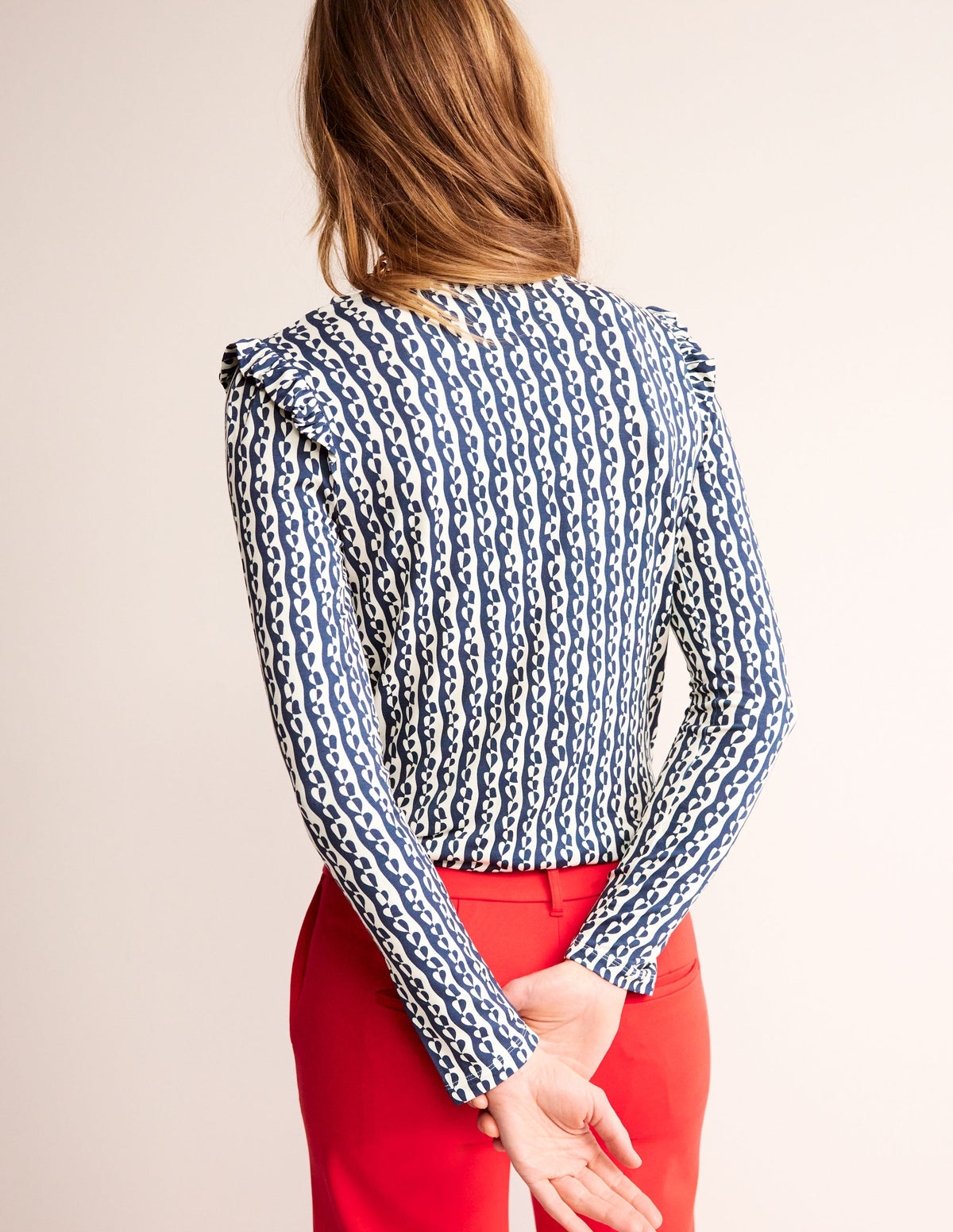Frill Detail Long Sleeve Top-Navy, Abstract Heart - Image 3