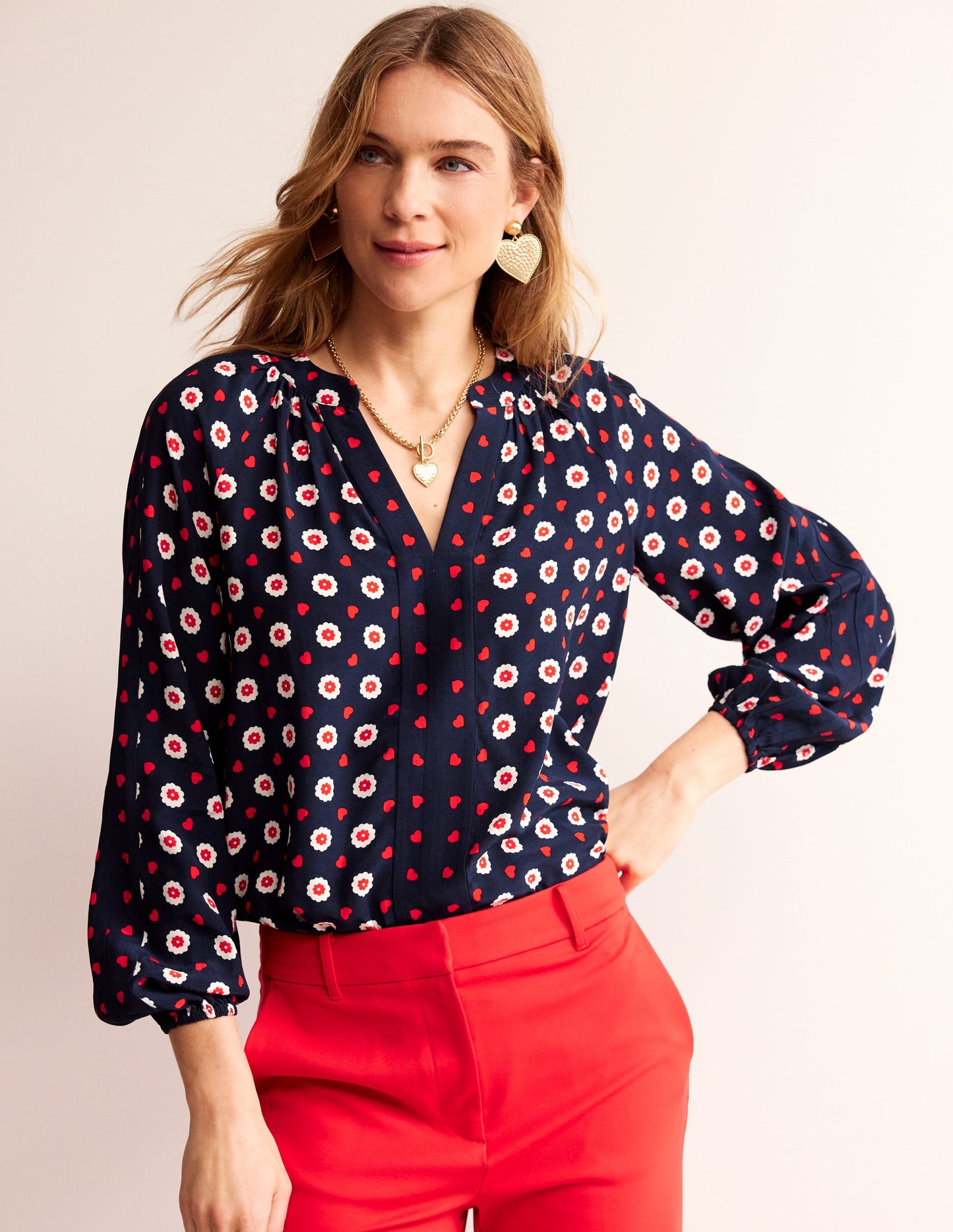 Border Print Raglan Top-Navy, Daisy Heart
